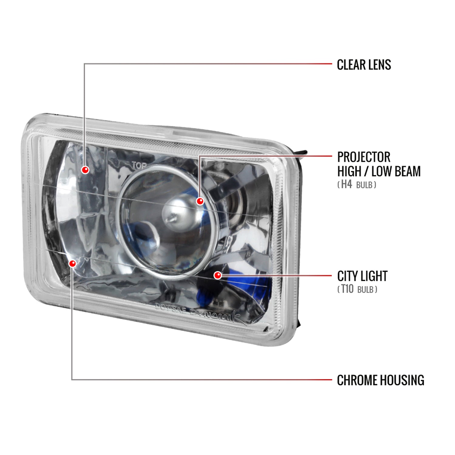 Universal 4"x6" H4 Projector Headlights Chrome Housing/Glass Lens
