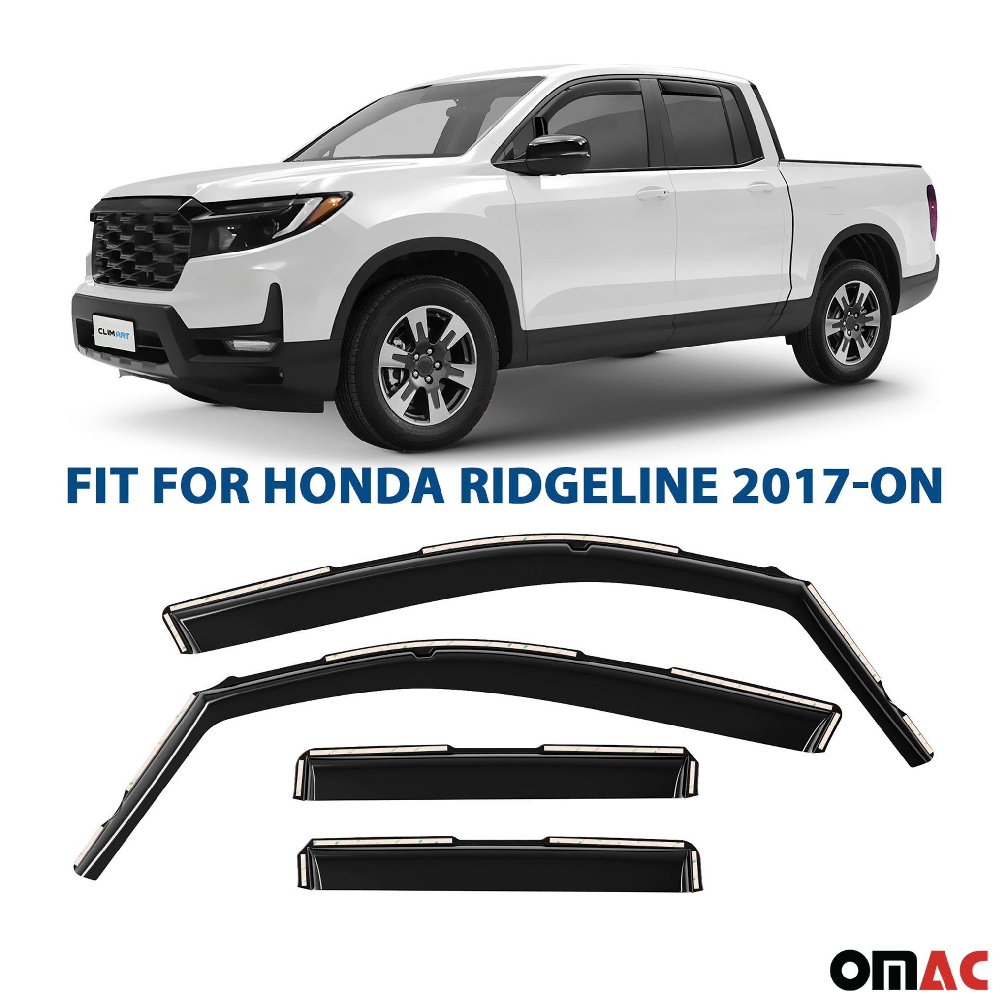 Clim Art Wind Deflectors for Honda Ridgeline 2017-2025 Shatterproof Smoke 4x