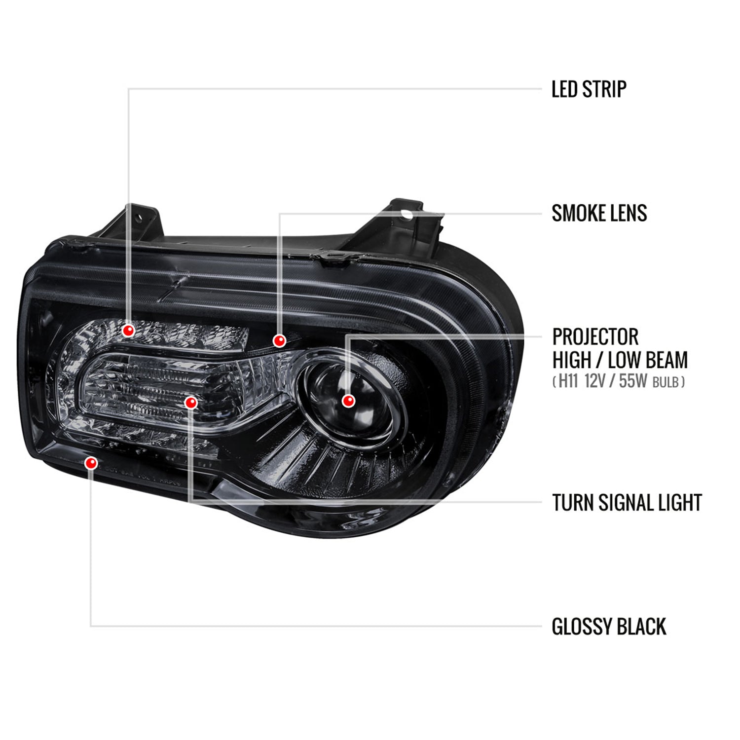 2005-2010 Chrysler 300 Projector Headlights LED Light Strip Glossy Black/Smoke