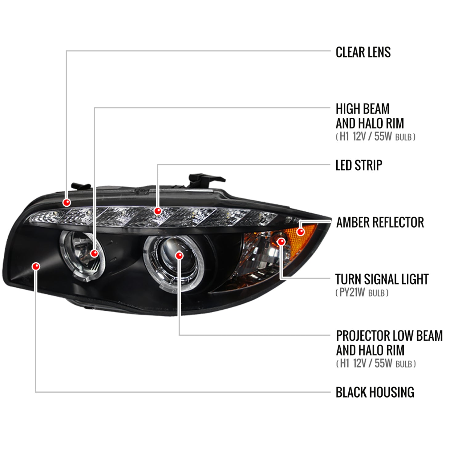 2004-2013 BMW E81 E82 E87 E88 Dual Halo Projector Headlights LED Light Black