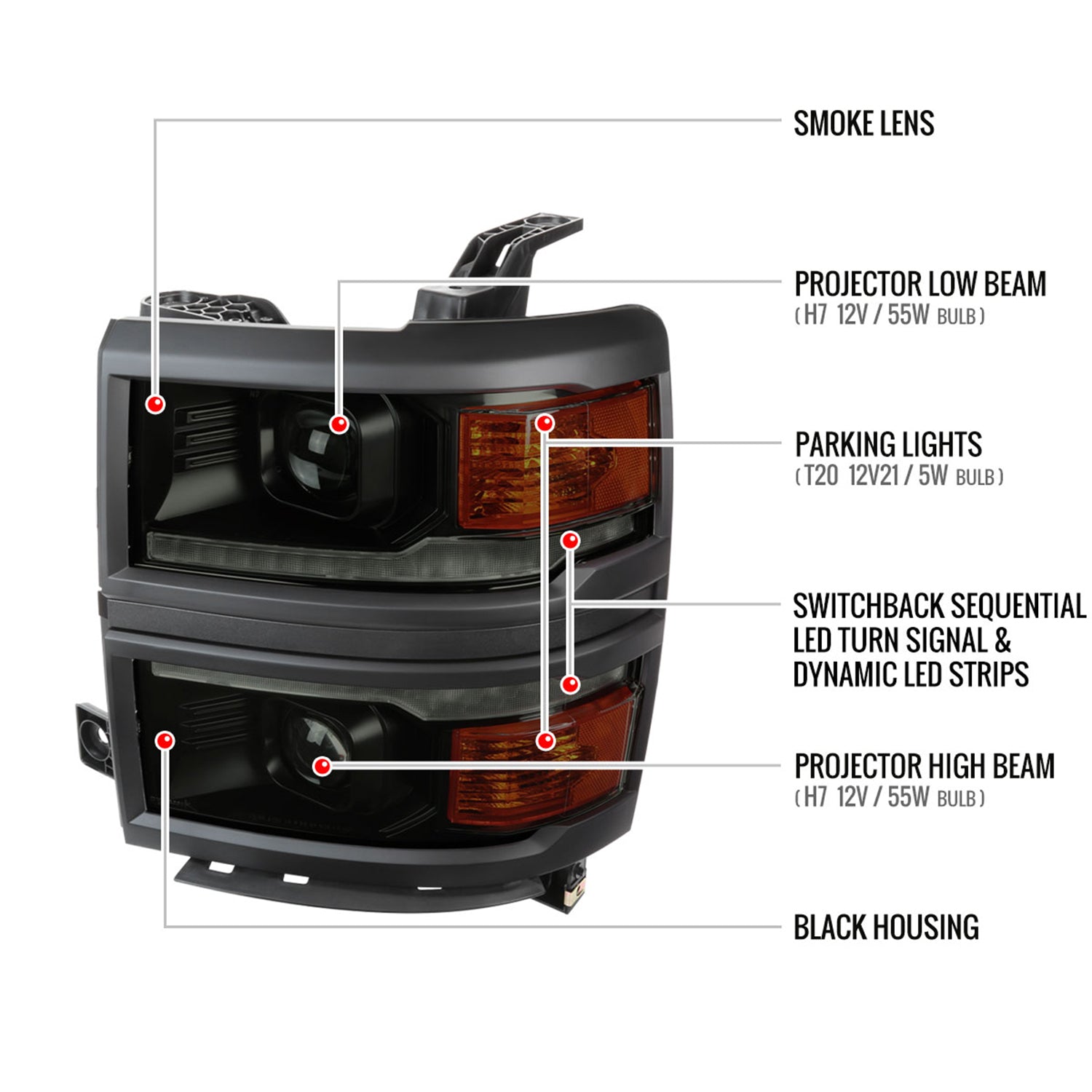 2014-2015 Chevy Silverado 1500 LED Bar Projector Headlights Smoke/Smoke Trim