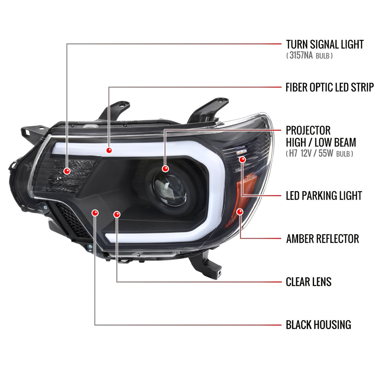 2012-2015 Toyota Tacoma LED CBar Projector Headlights LED Parking Light Black