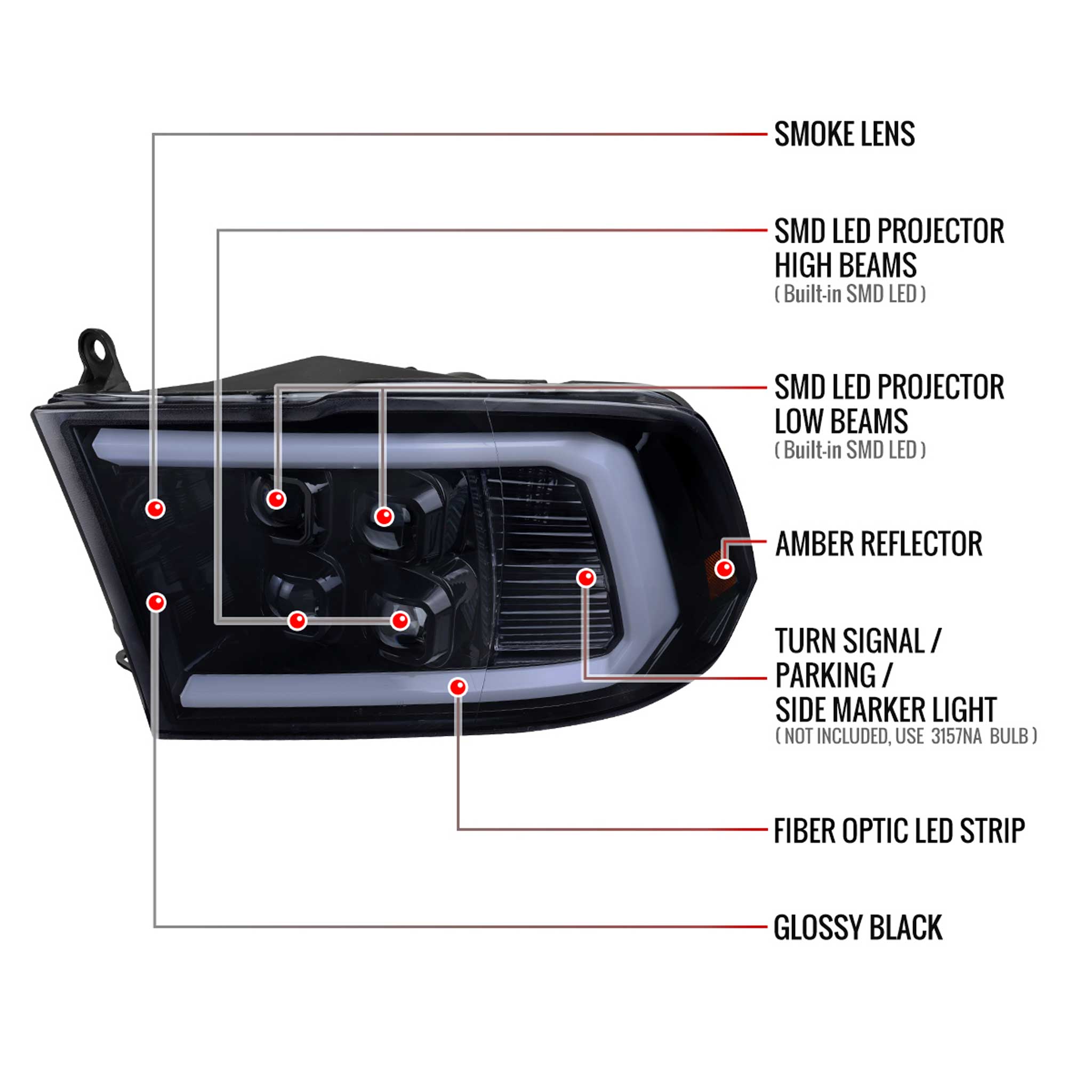 For Dodge RAM 1500 2009-18 / RAM Classic 2019 / 2500 3500 2010-18 LED Bar Turn Signal Projector Headlights Glossy Black Housing Smoked Lens