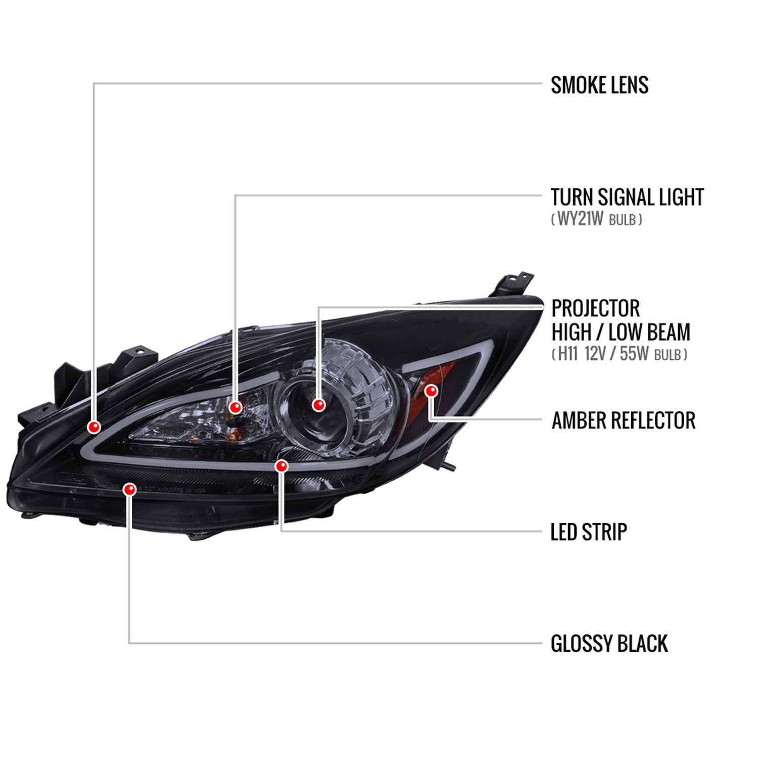 2010-2013 Mazda 3 Projector Headlights w/ LED Light Strip Glossy Black/Smoke