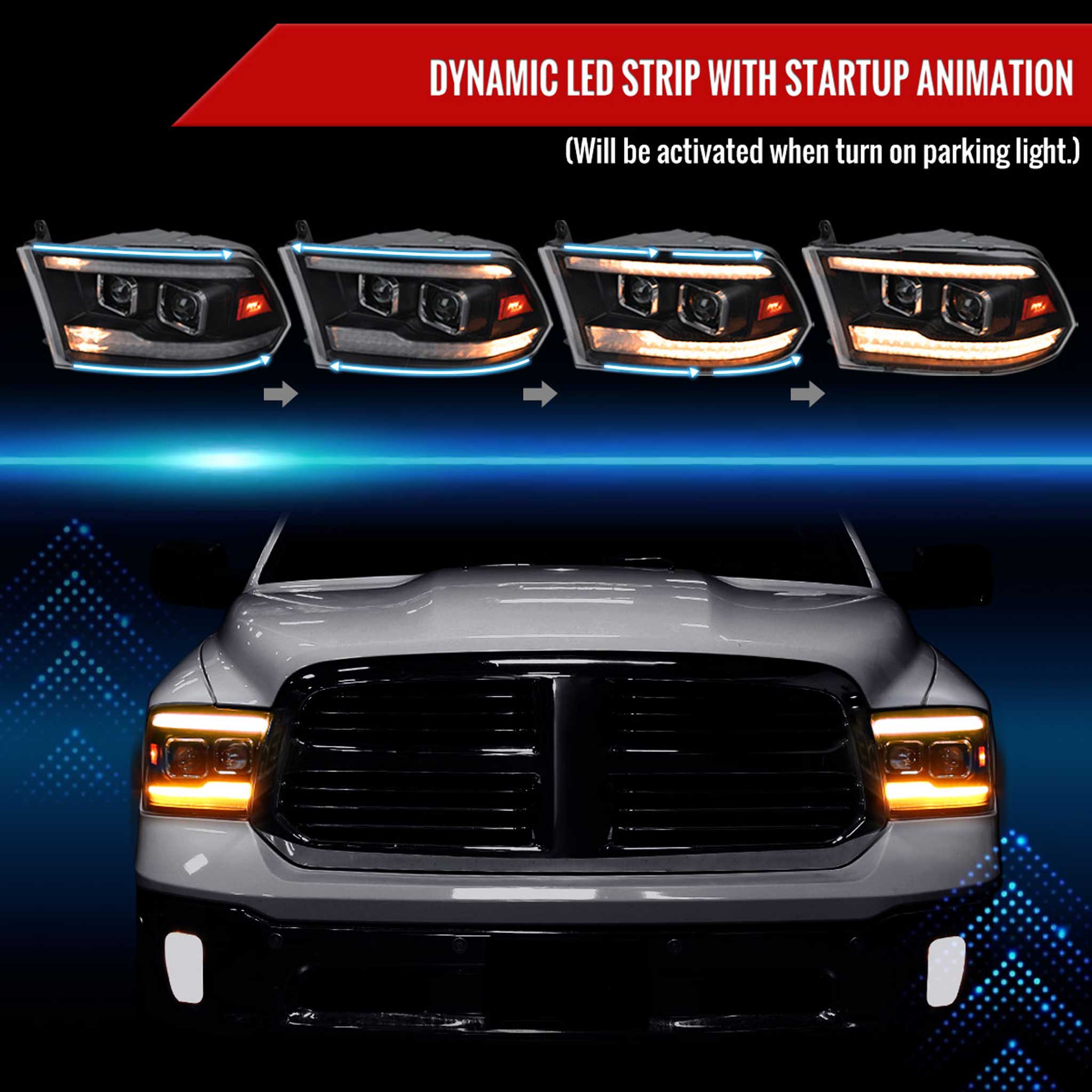 For Dodge RAM 1500 2009-18 / RAM Classic 2019-21 / 2500 3500 2010-18 Amber LED Bar Switchback Projector Headlights Matte Black Housing Clear Lens