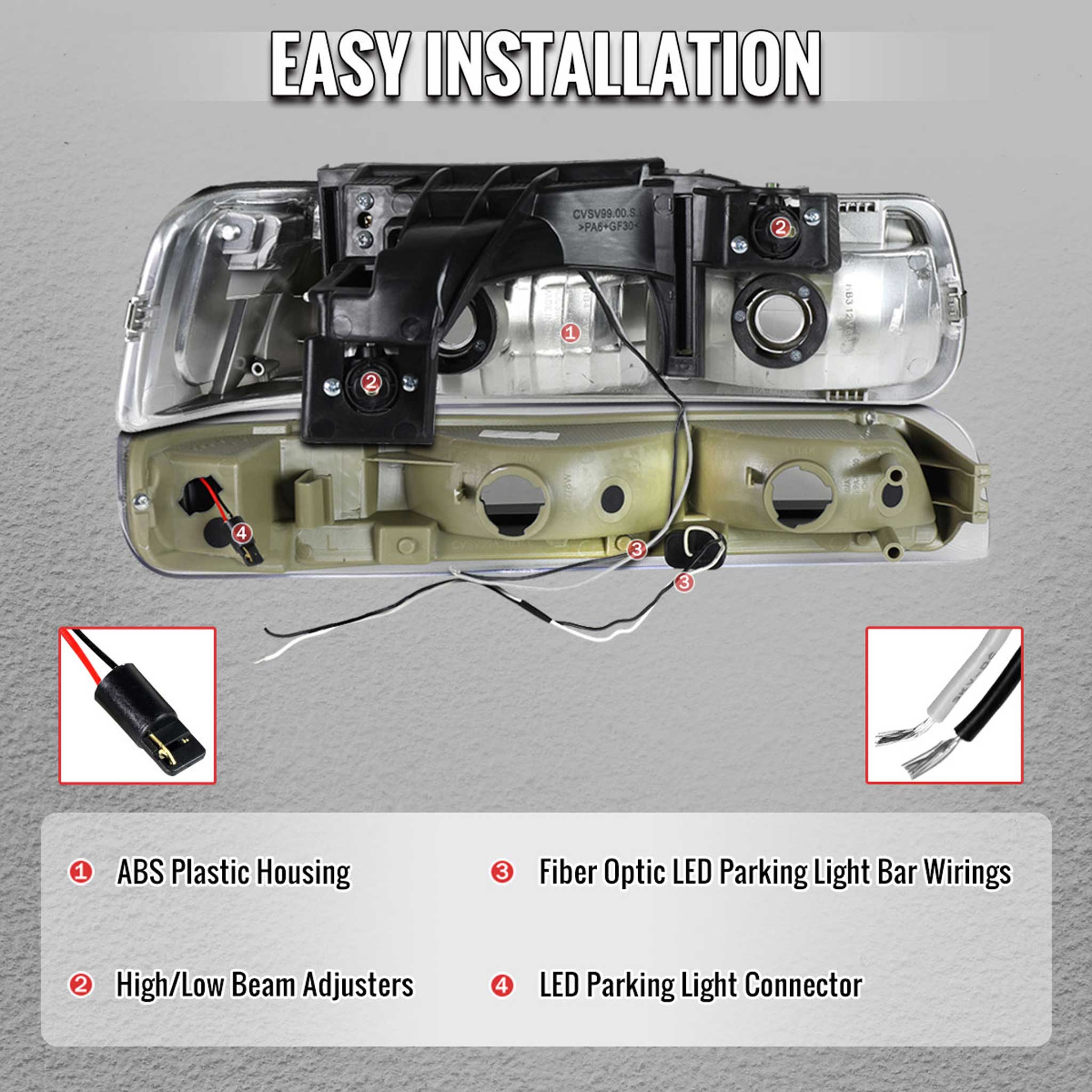 For Chevrolet Silverado Tahoe Suburban 1999-2002 LED Bar Style Headlights Bumper Light Matte Black Housing Clear Lens