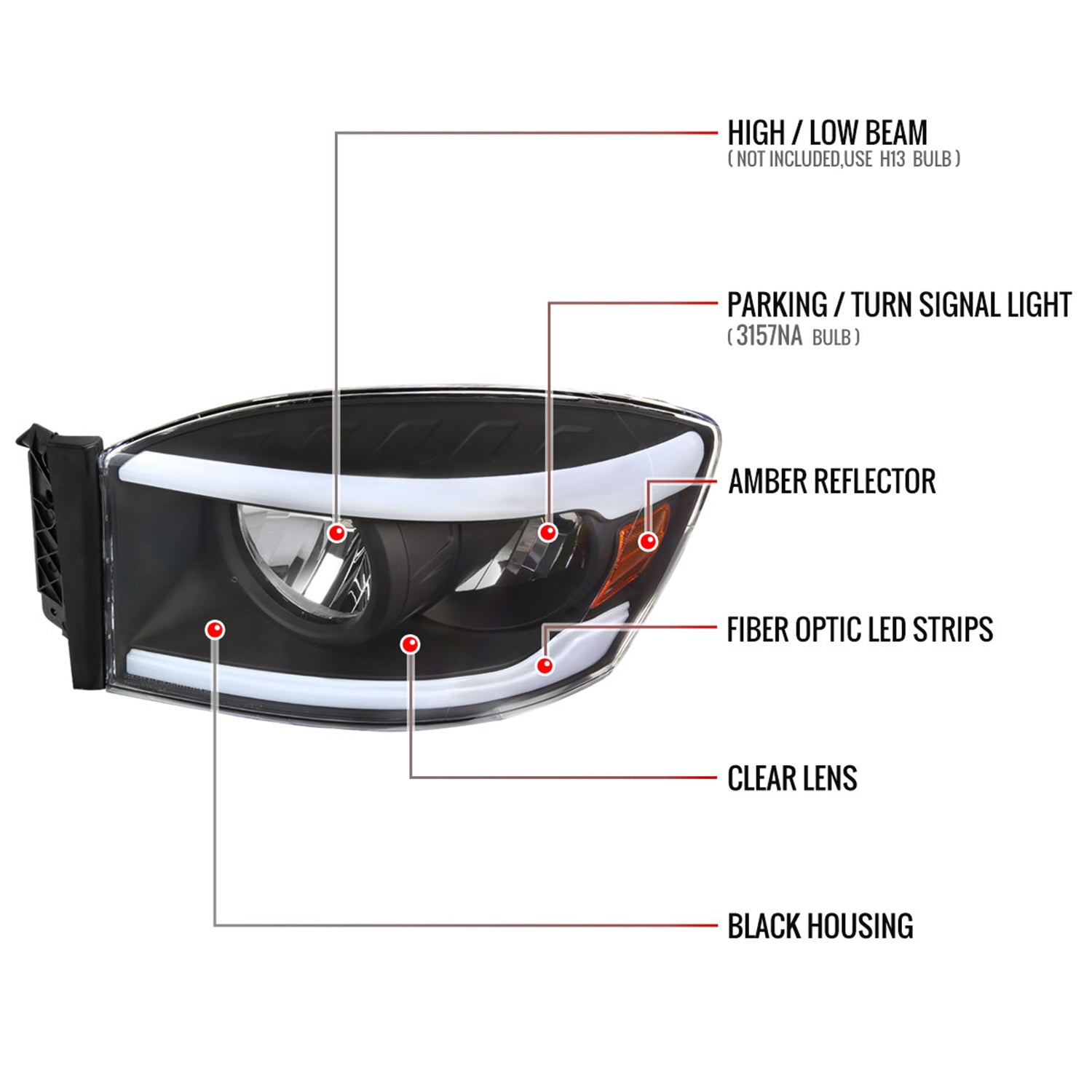 2006-2008 Dodge Ram 1500/ Ram 2500 3500 LED Headlights Amber Reflector Black