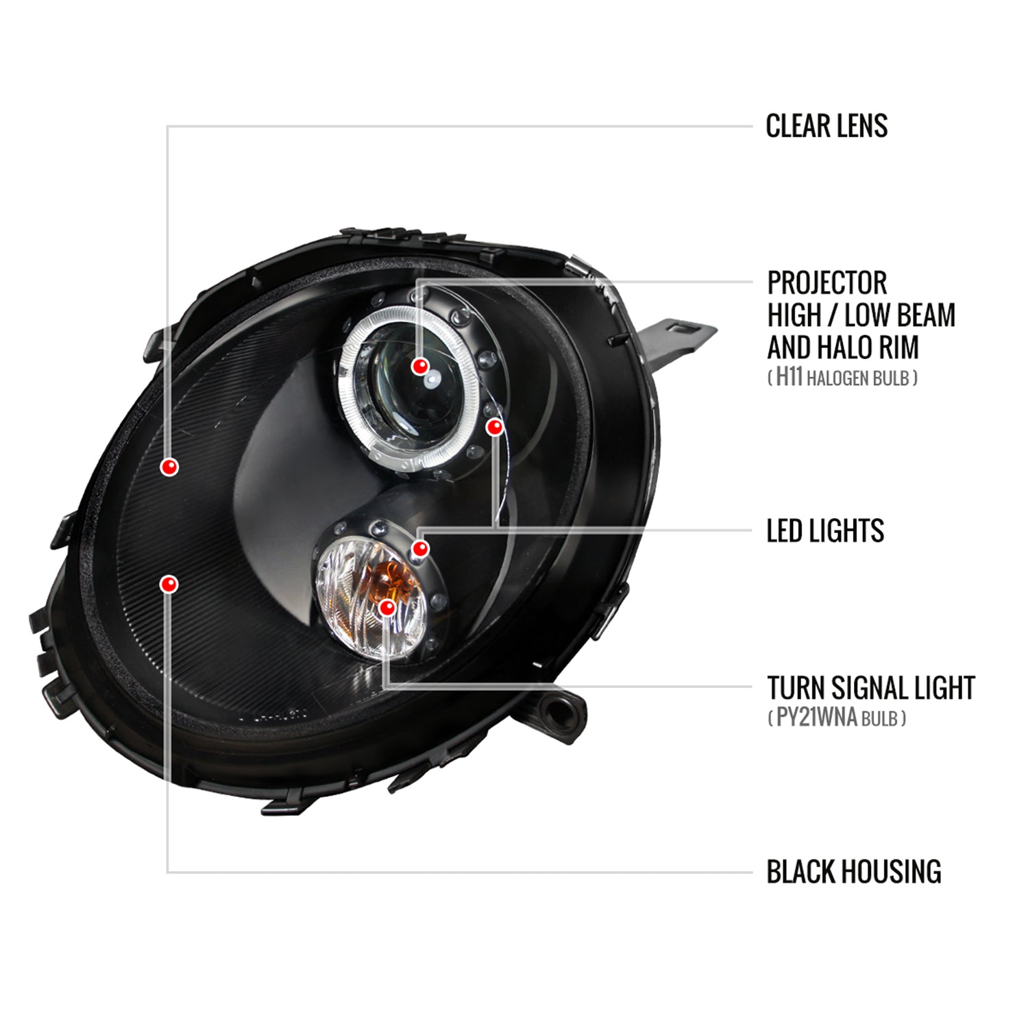 2007-2015 Mini Cooper R55 R56 R57 R58 R59 Single Halo Headlights Black