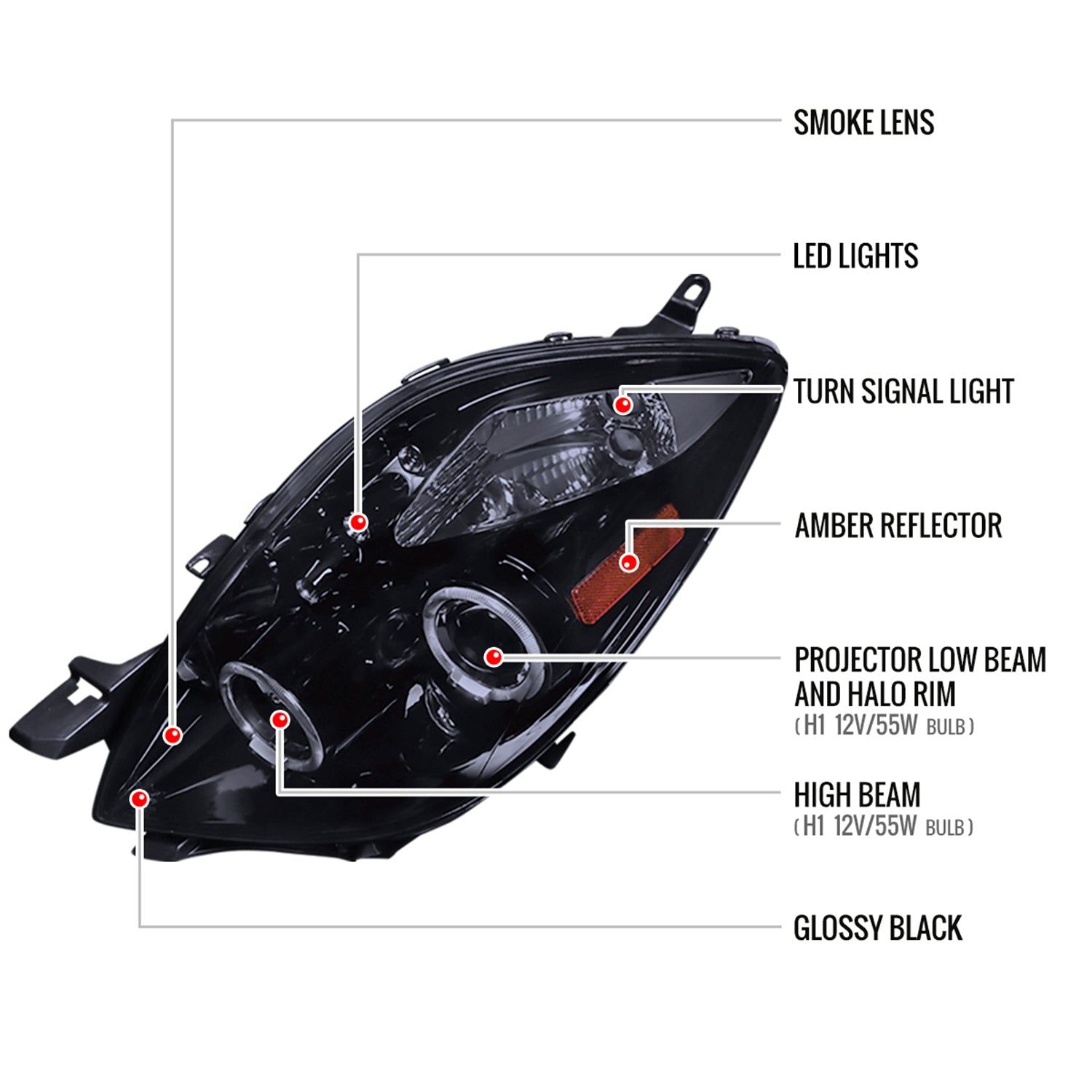 2006-2008 Toyota Yaris Dual Halo Projector Headlights Glossy Black/Smoke Lens