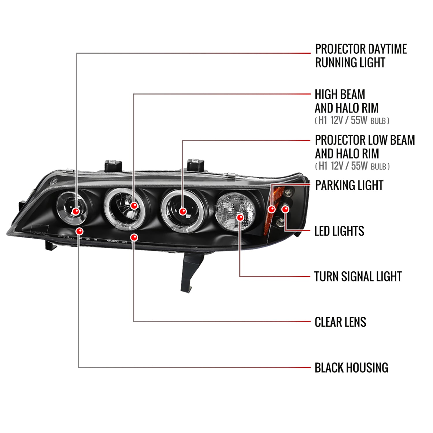 1994-1997 Honda Accord Dual Halo Projector Headlights Matte Black/Clear Lens