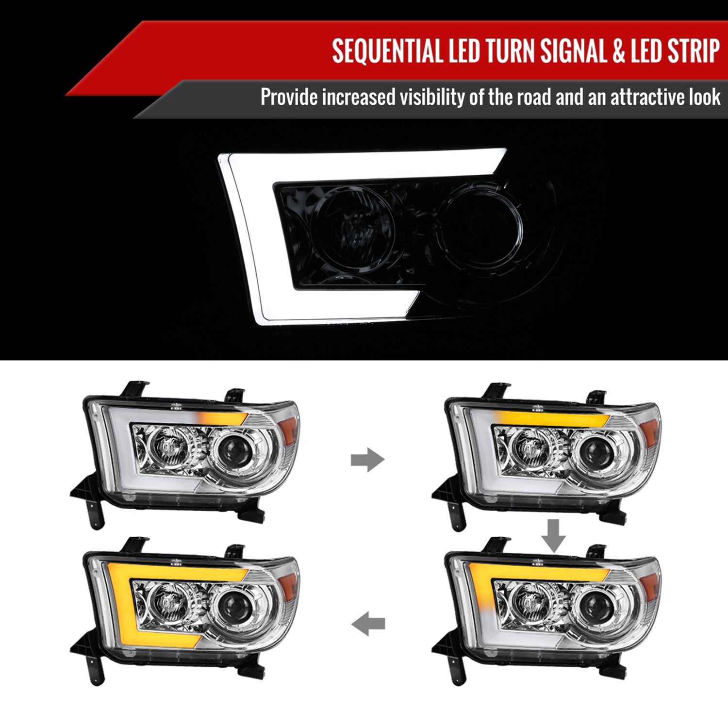 2007-2013 Toyota Tundra/ 08-2017 Sequoia LED CBar Projector Headlights Chrome