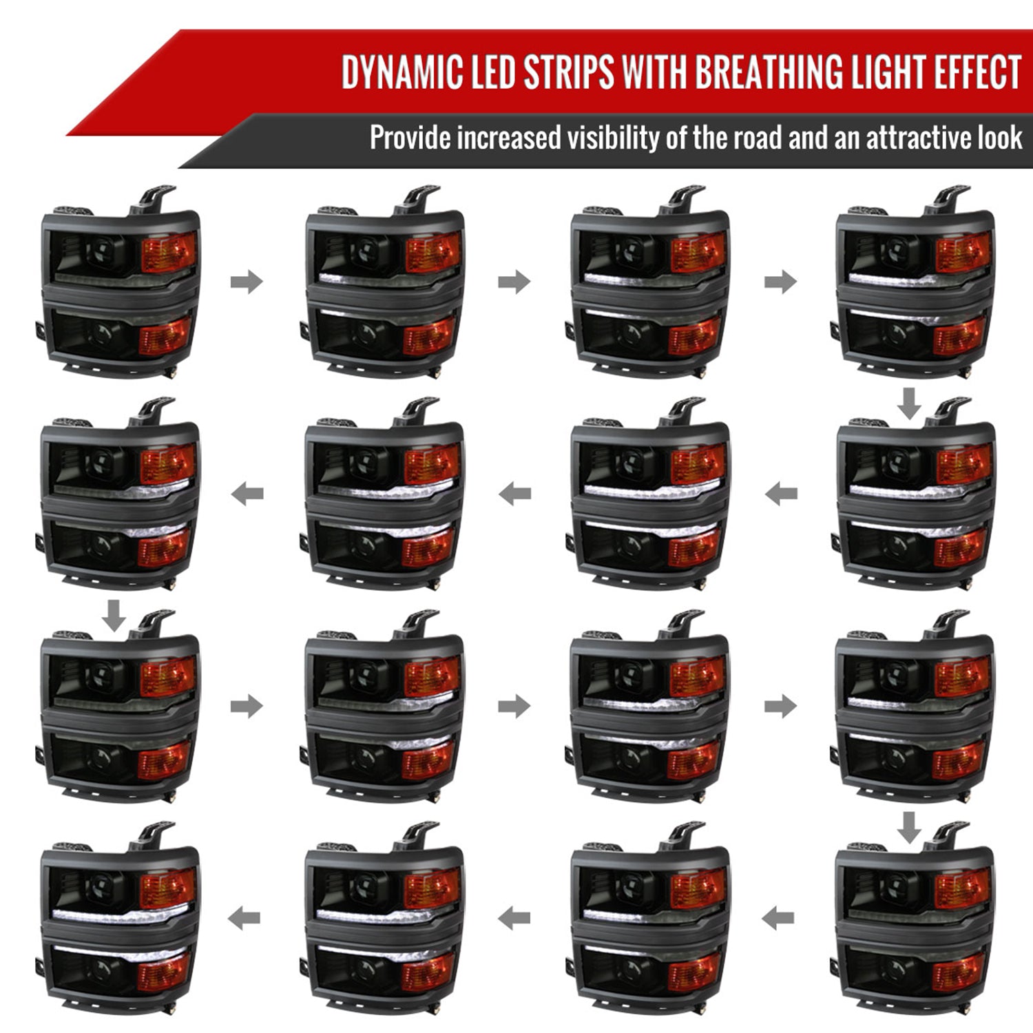 2014-2015 Chevy Silverado 1500 LED Bar Projector Headlights Smoke/Smoke Trim