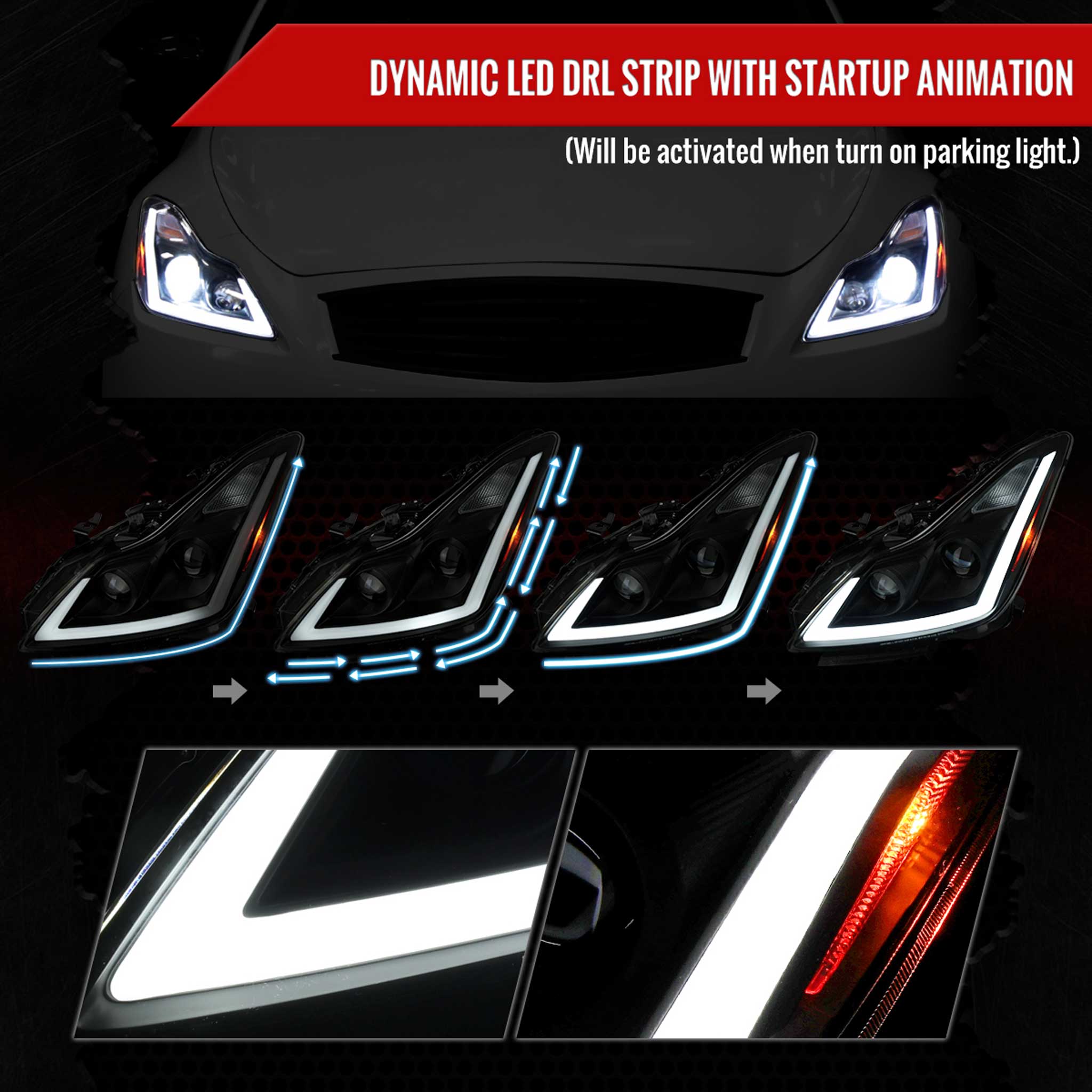 For Infiniti G37 2008-13 / Q60 Coupe 2014-15 LED Projector Headlights Sequential Matte Black Smoked Lens Switchback
