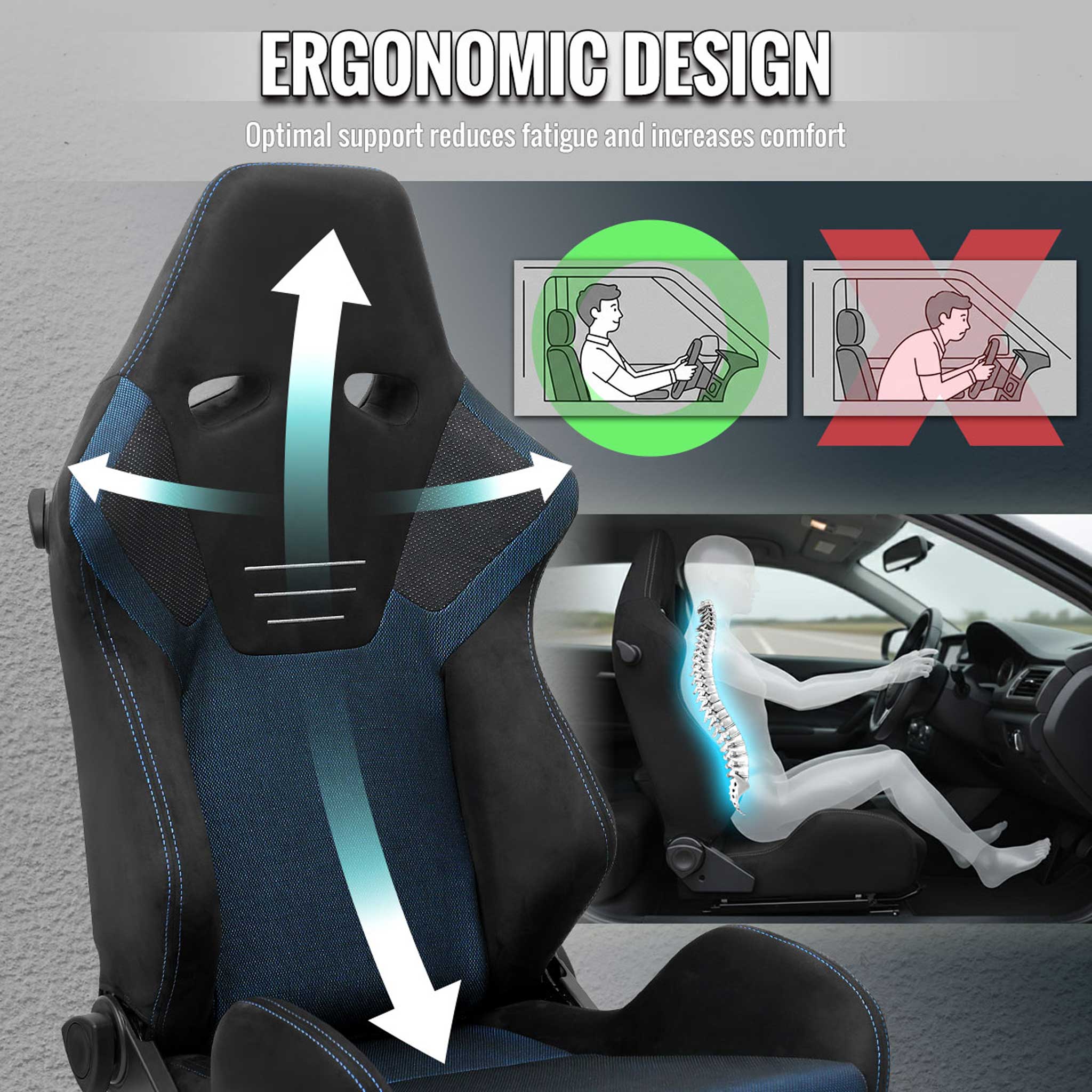 Universal Racing Seat Black Suede And Blue Bird Eye/Cloth With Double Blue Stich