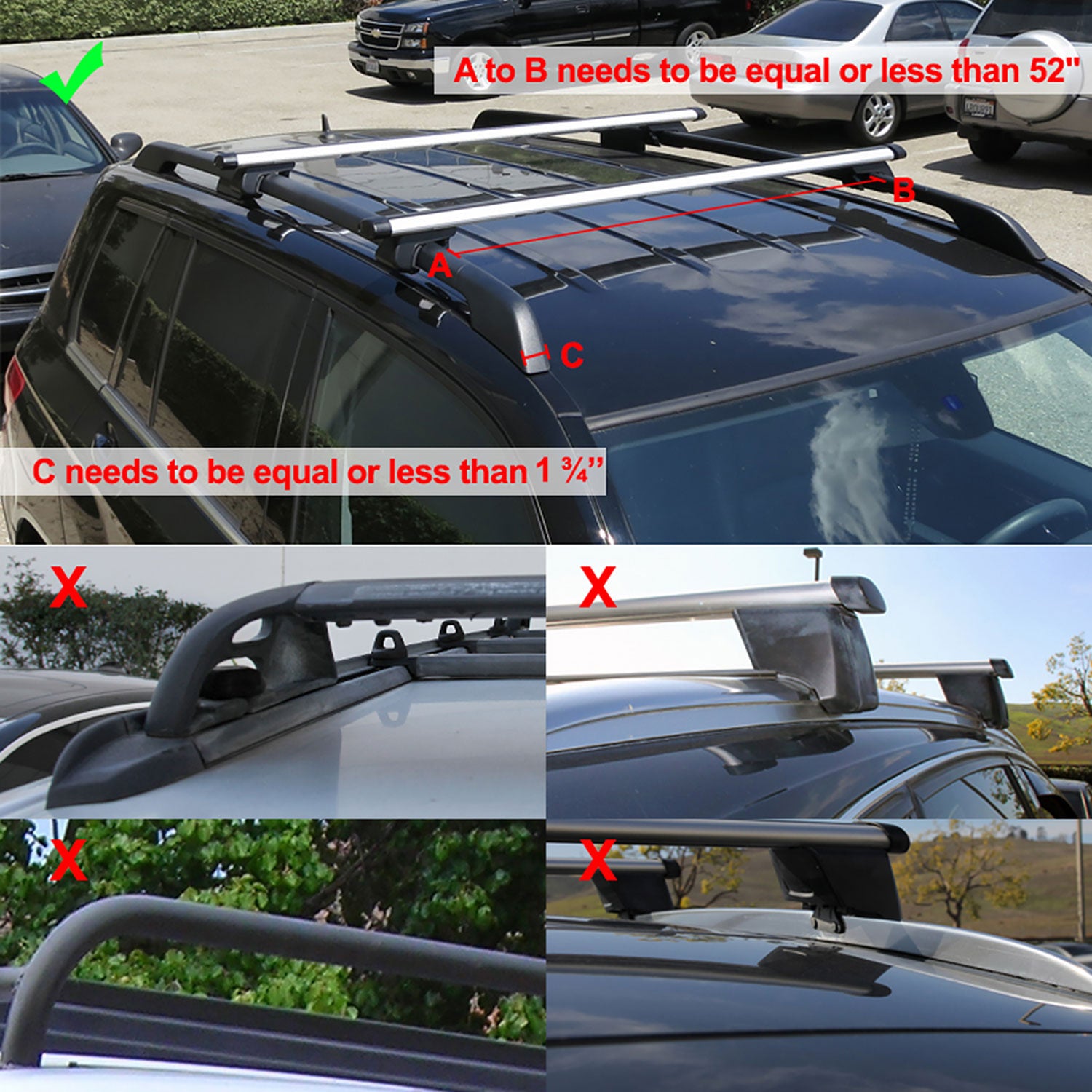 Universal Aluminum Roof Rack Cross Bars w/ 4x Adjustable Clamps