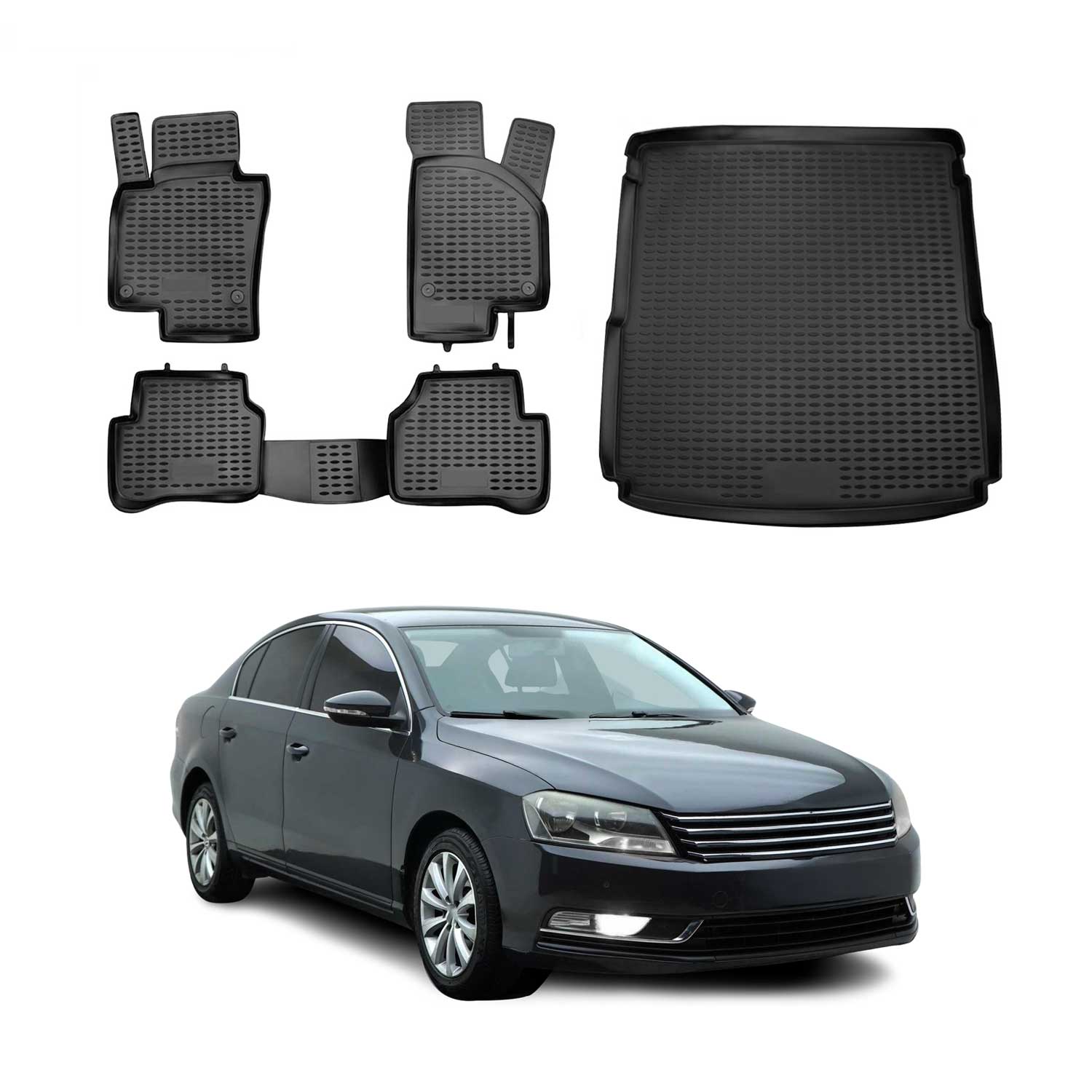 2012-2014 VW Passat B7 Wagon Floor Mats & Cargo Liner Full Set All Weather Black