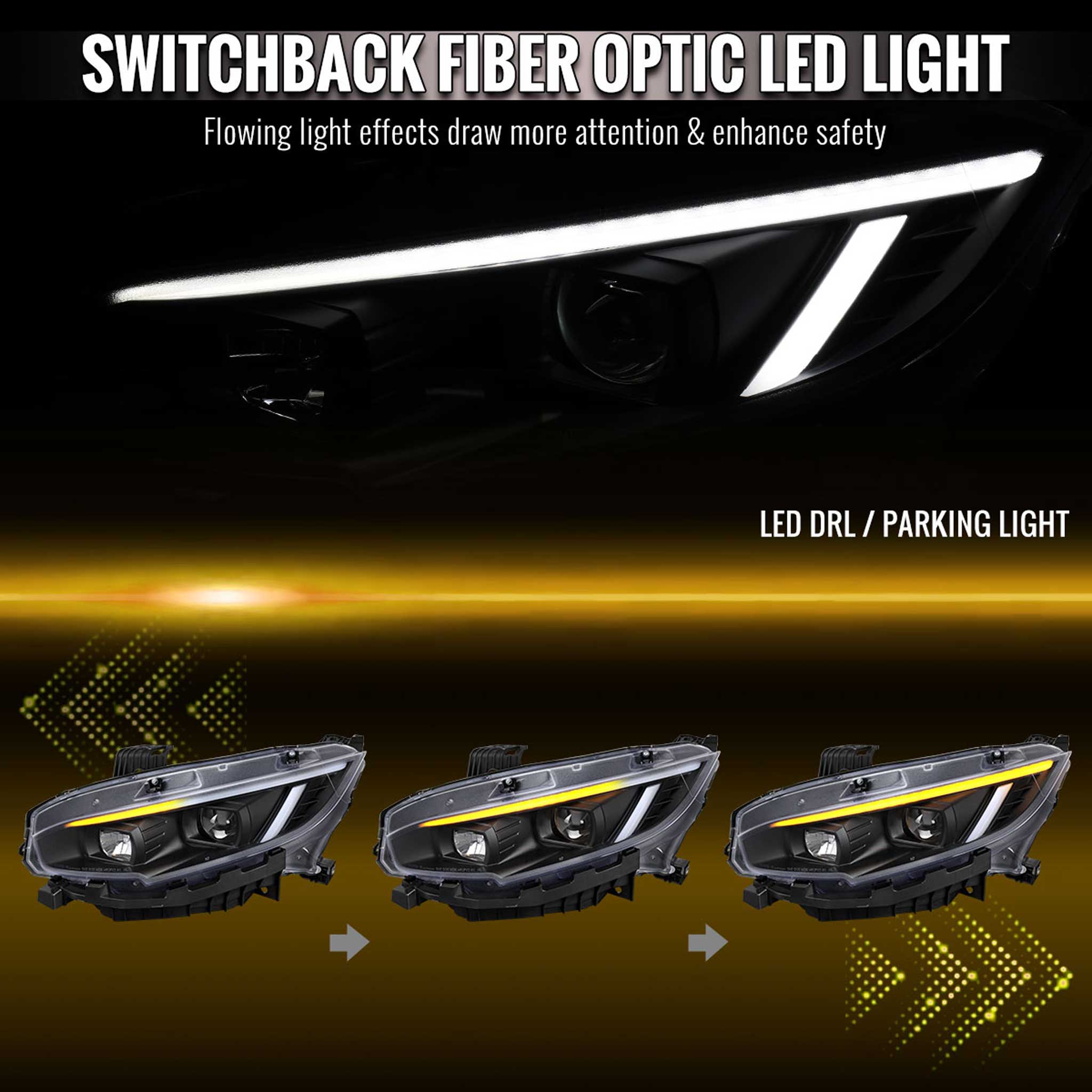 For Honda Civic 2016-2021 Projector Headlights Sequential DRL Matte Black Housing Clear Lens