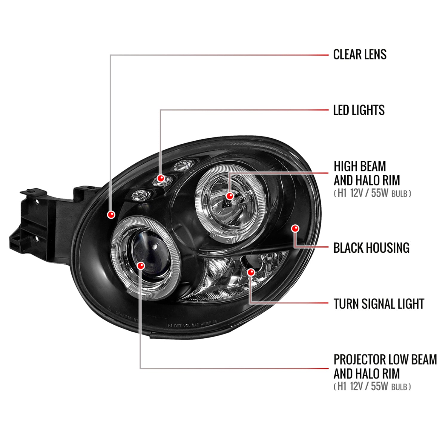 2002-2003 Subaru Impreza Dual Halo Bug Eye Projector Headlights Matt Black