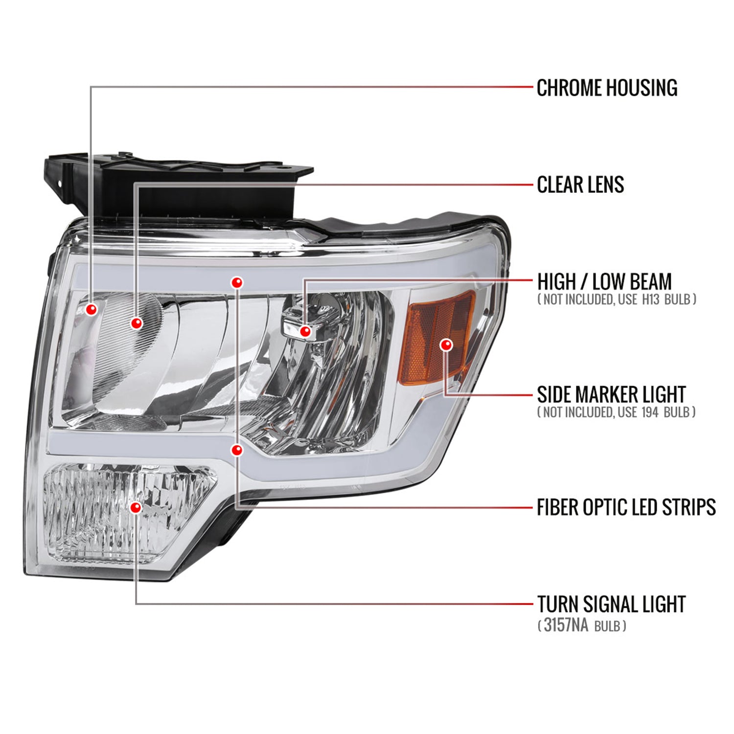 2009-2014 Ford F-150 LED Tube Factory Style Headlights Chrome/Clear Lens