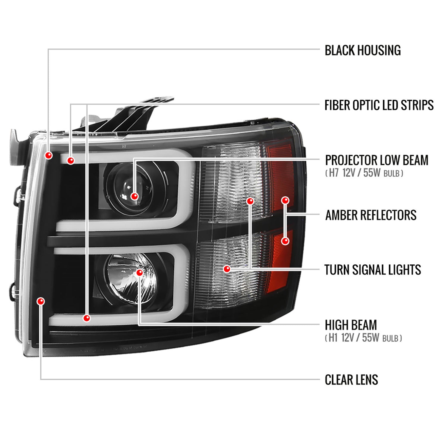 2007-2013 Chevy Silverado 1500 2500HD 3500HD Dual LED C-Bar Headlights Black