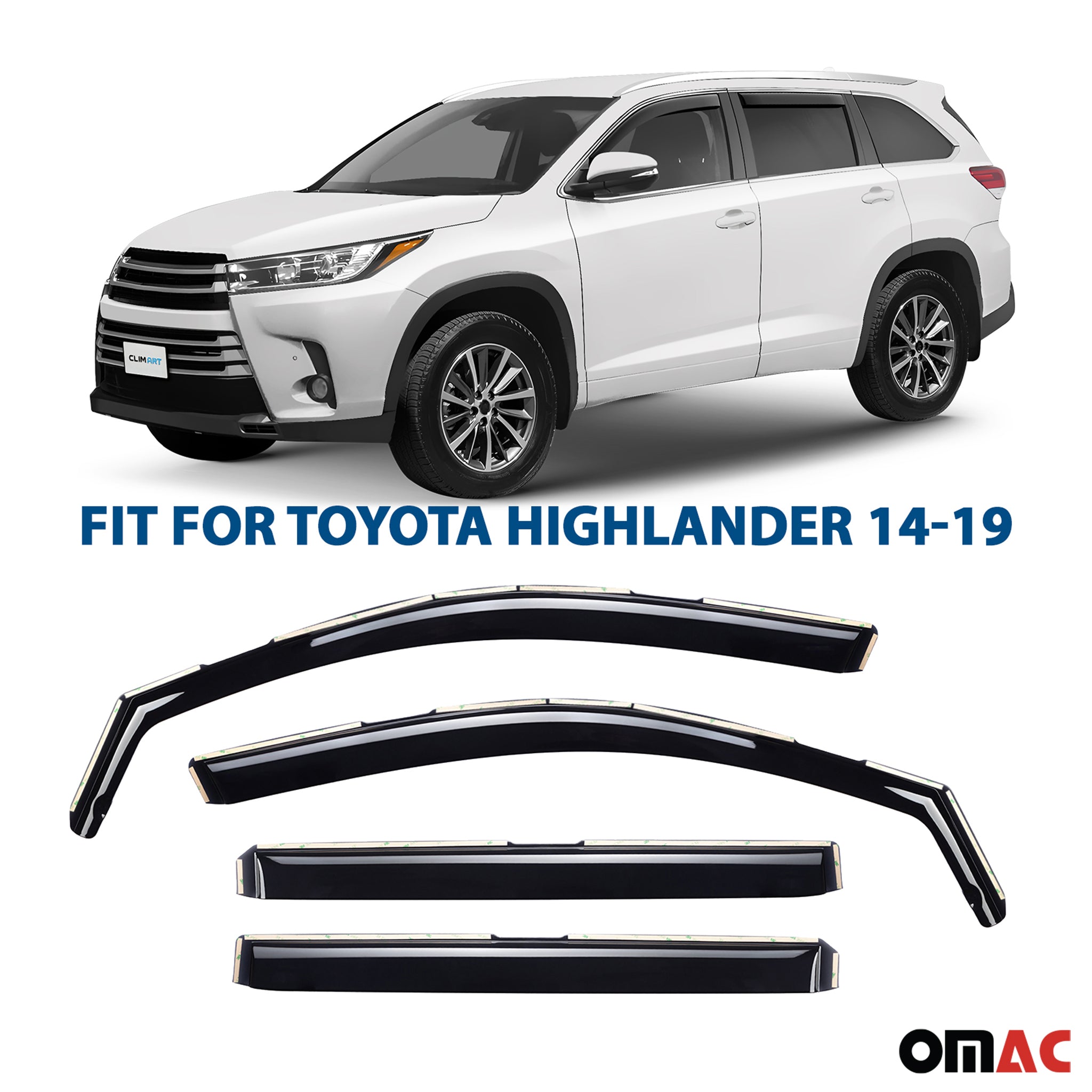 Clim Art Wind Deflectors for Toyota Highlander 2014-2019 Shatterproof 4 Pcs