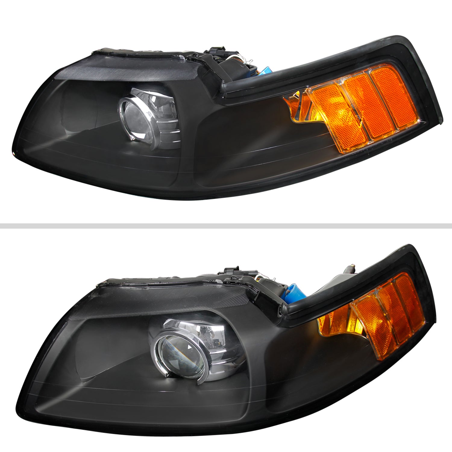 1999-2004 Ford Mustang Projector Headlights Amber Reflectors Matt Black/Clear