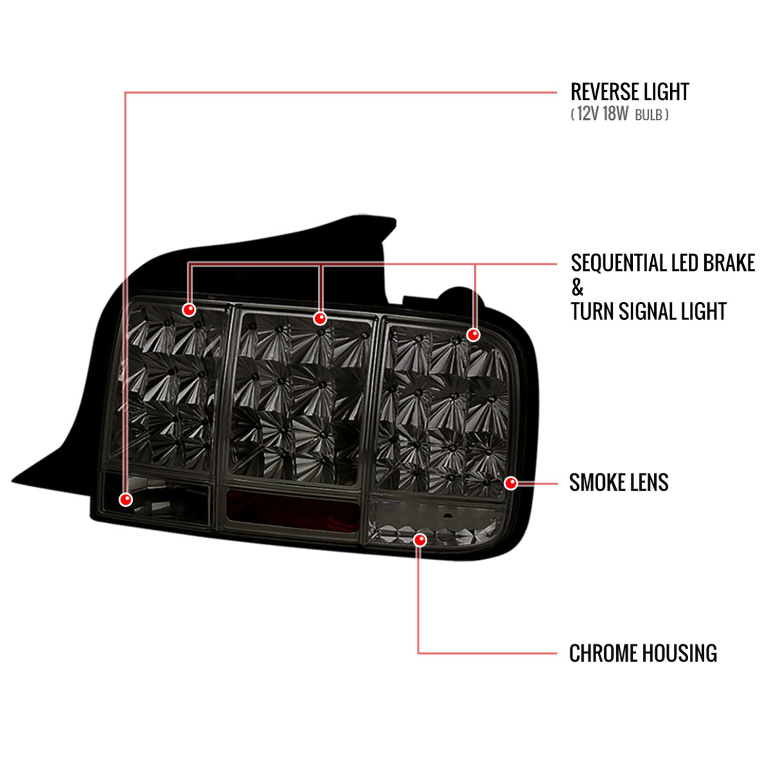 2005-2009 Ford Mustang Sequential LED Tail Lights Chrome Housing/Smoke Lens