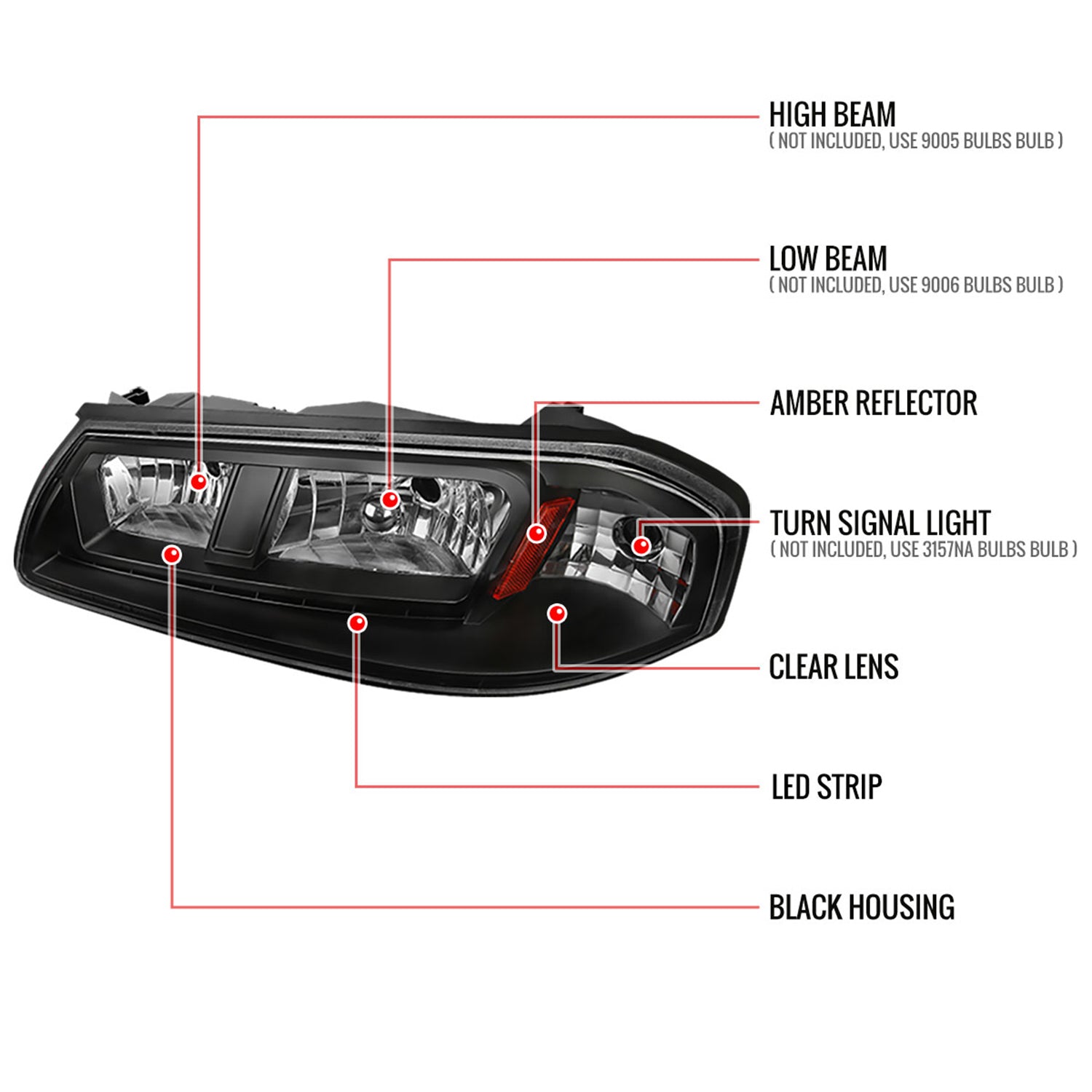 2000-2005 Chevy Impala Crystal Headlights SMD LED Light Strip Matt Black/Clear