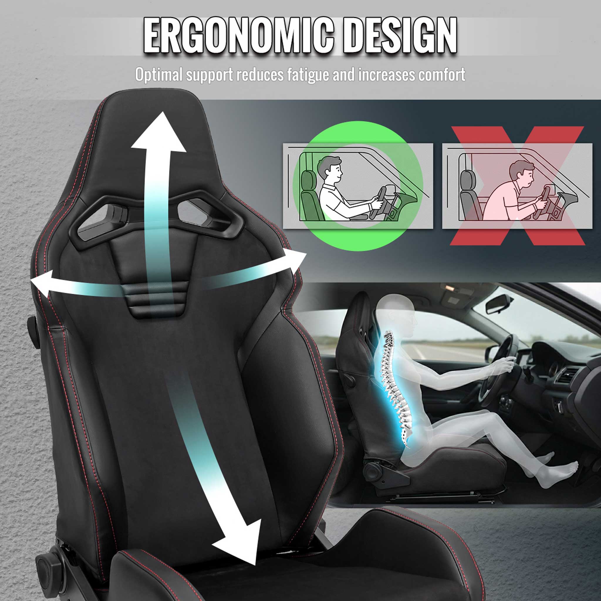 Universal Racing Seat Black Pu And Black Suede With Double Black Stitch