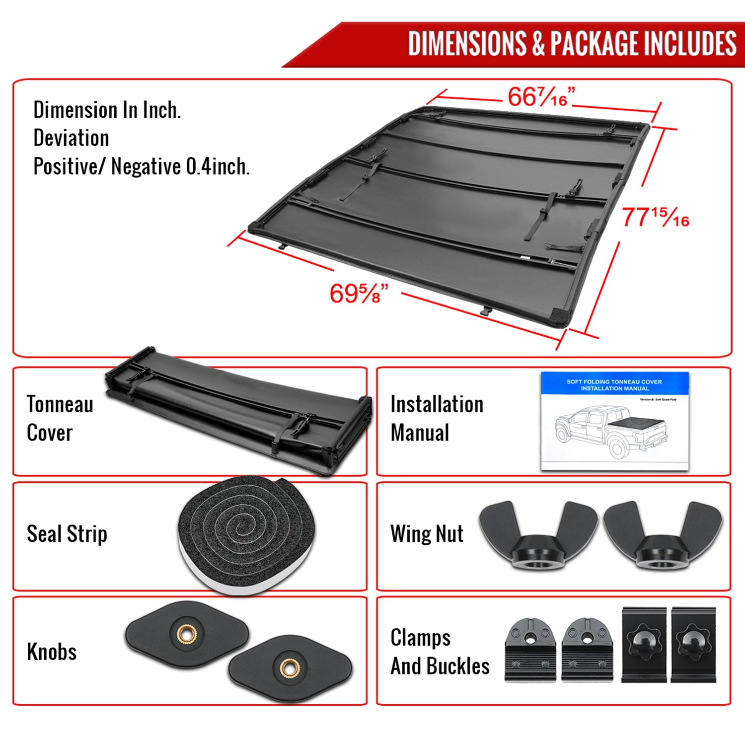 2002-2018 Dodge RAM 1500 2500 3500 6.4' Bed Quad-Fold Tonneau Cover