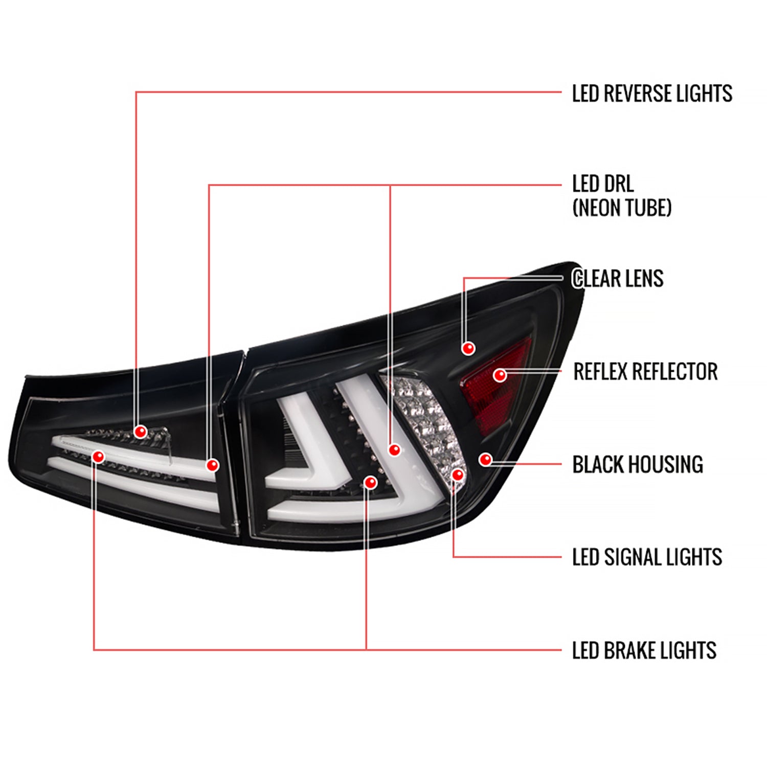 2006-2008 Lexus IS250/IS350 LED Tail and Trunk Lights Matte Black/Clear Lens