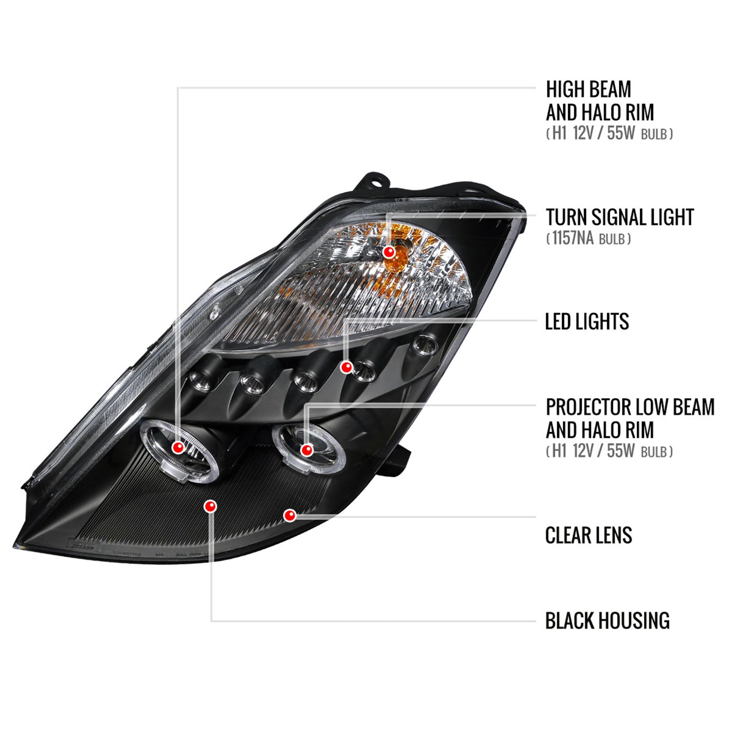 2003-2005 Nissan 350Z Dual Halo Projector Headlights Matte Black/Clear Lens
