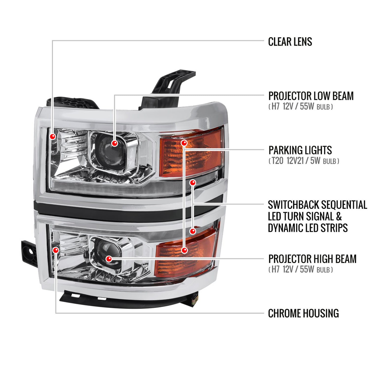 2014-2015 Chevy Silverado 1500 Sequential LED Bar Projector Headlights Chrome