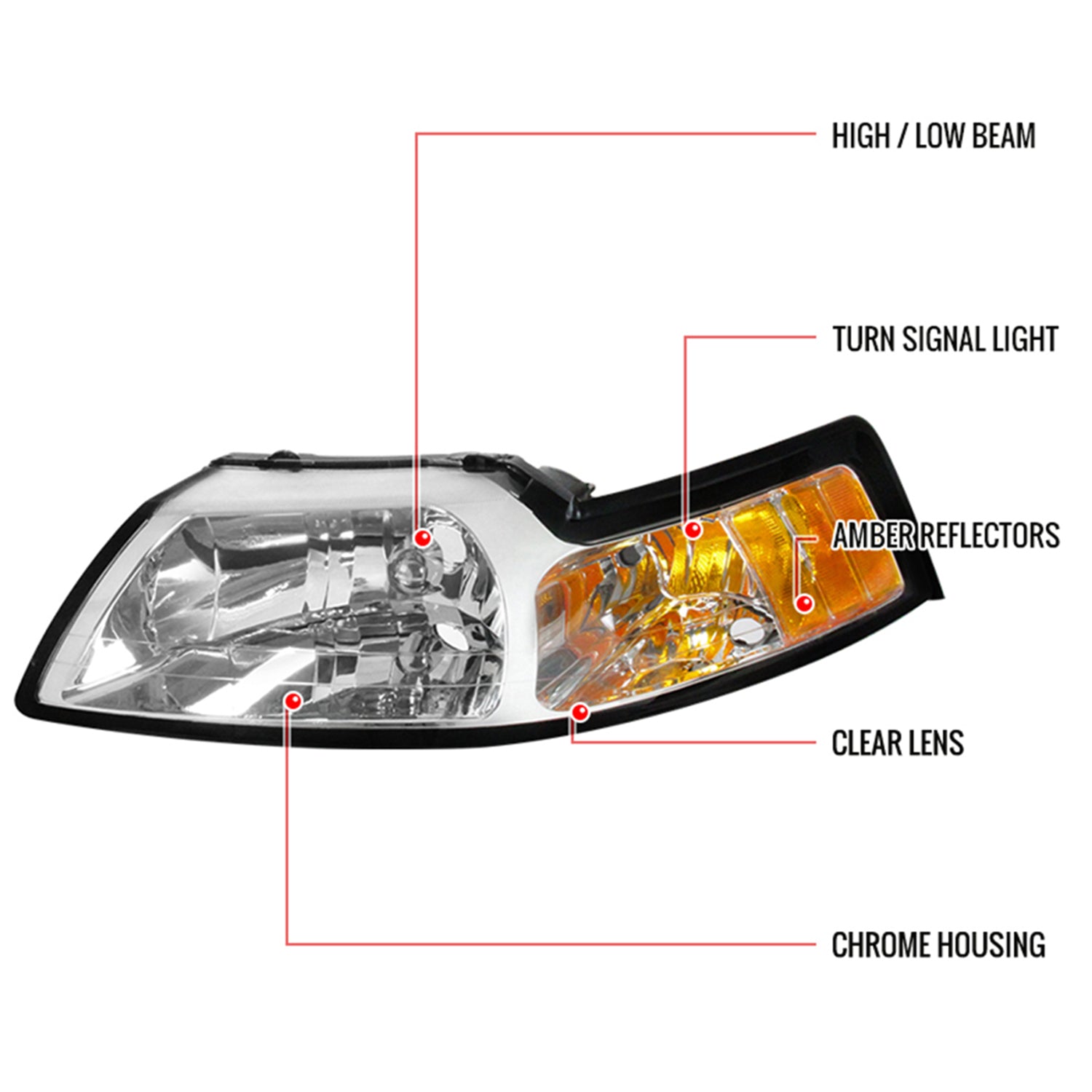 1999-2004 Ford Mustang Factory Headlights w/Amber Reflectors Chrome/Clear