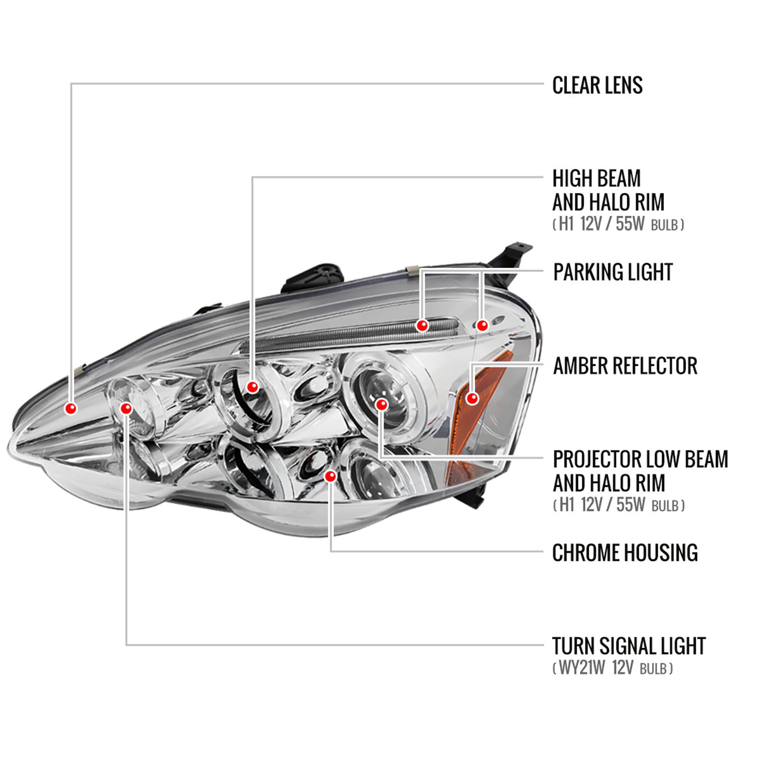 2002-2004 Acura RSX Dual Halo Projector Headlights Chrome Housing/Clear Lens