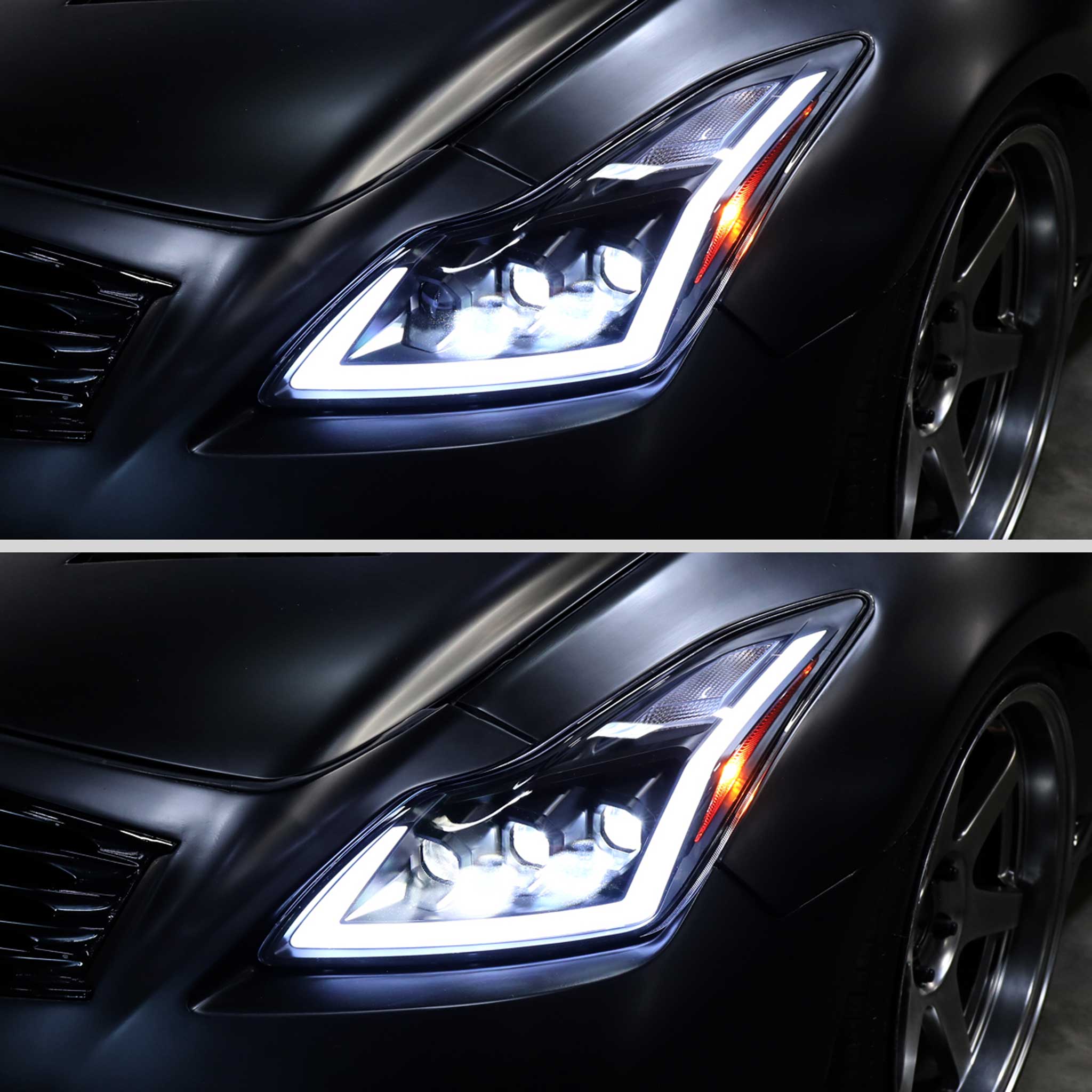 For Infiniti G37 2008-13 / Q60 Coupe 2014-15 LED Triple Projector Headlights Sequential Matte Black Clear Lens Switchback