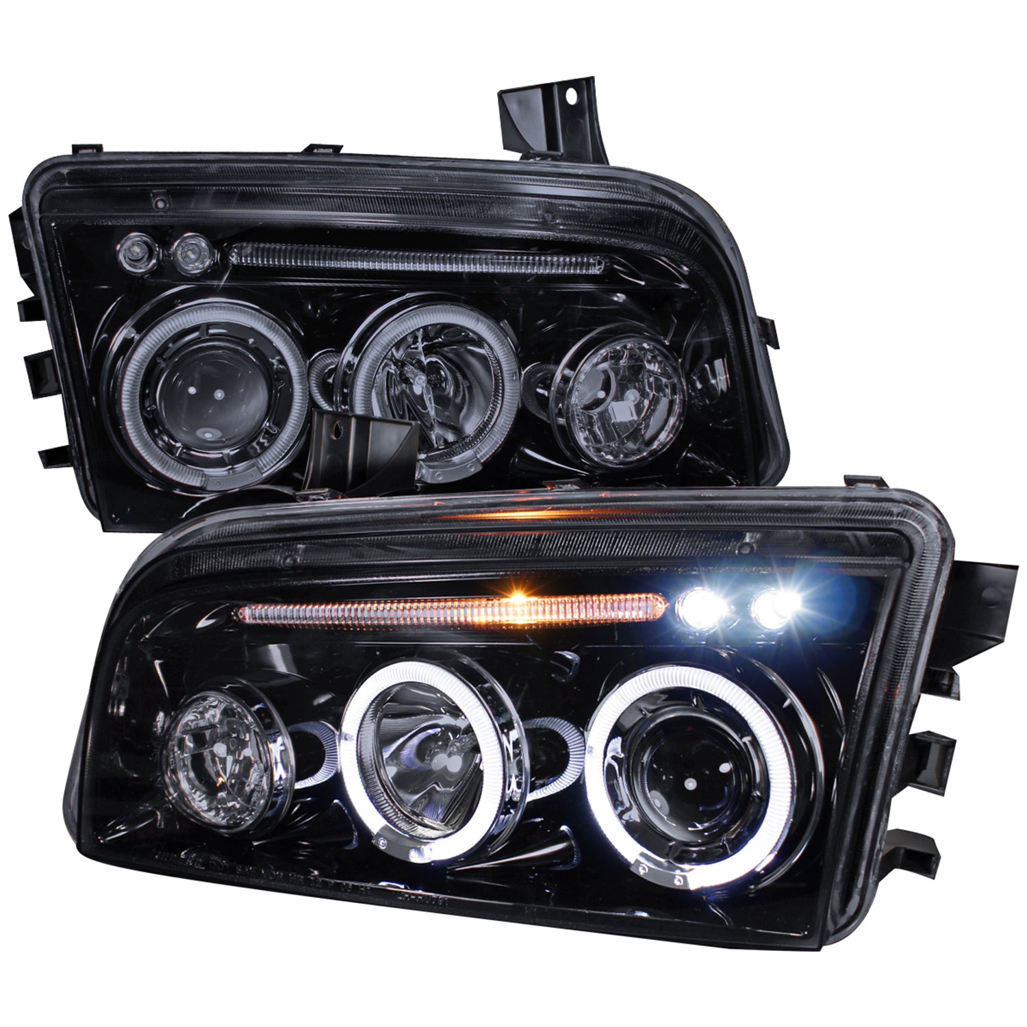 2005-2010 Dodge Charger Dual Halo Projector Headlights Glossy Black/Smoke Lens