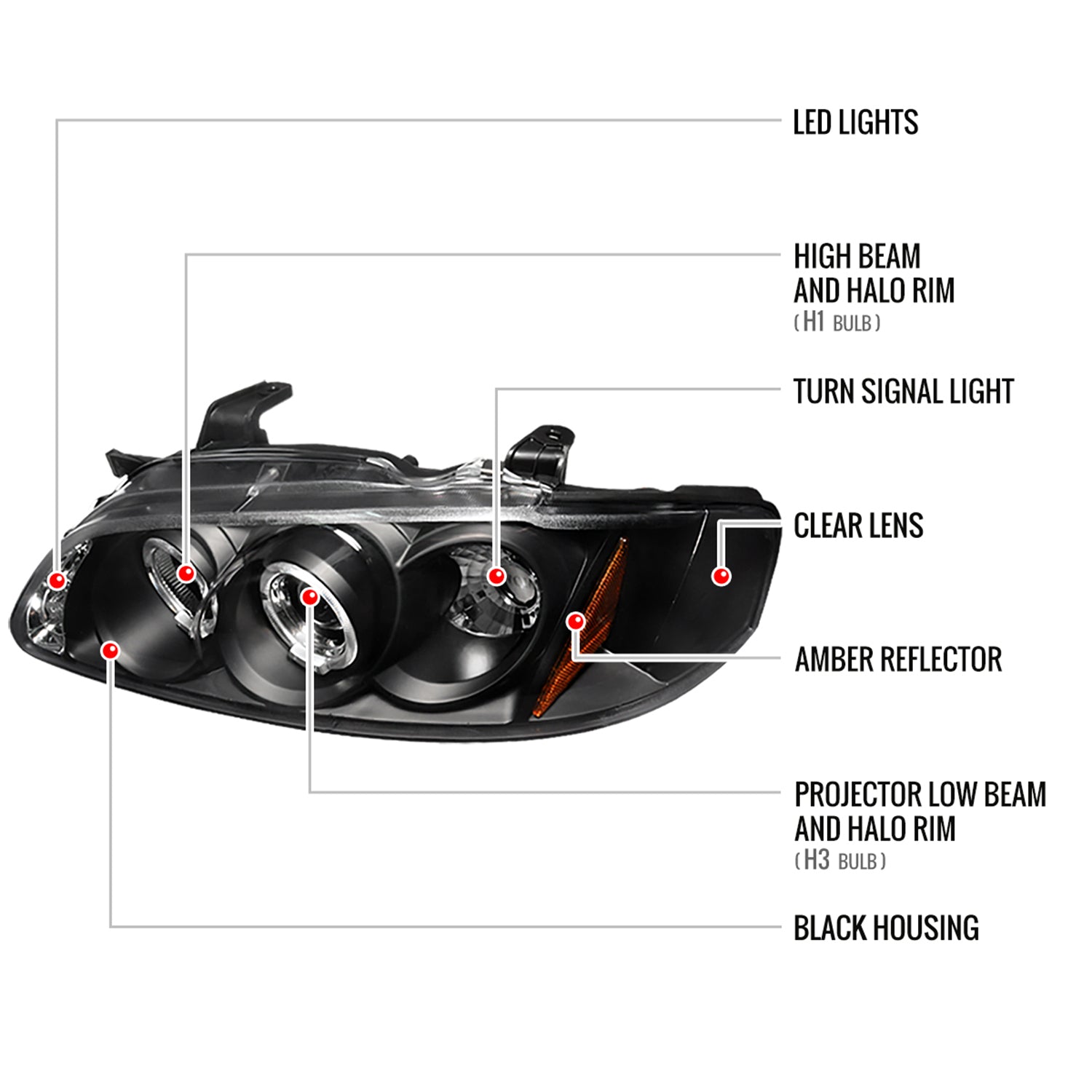 2000-2003 Nissan Sentra Dual Halo Projector Headlights Matte Black/Clear Lens