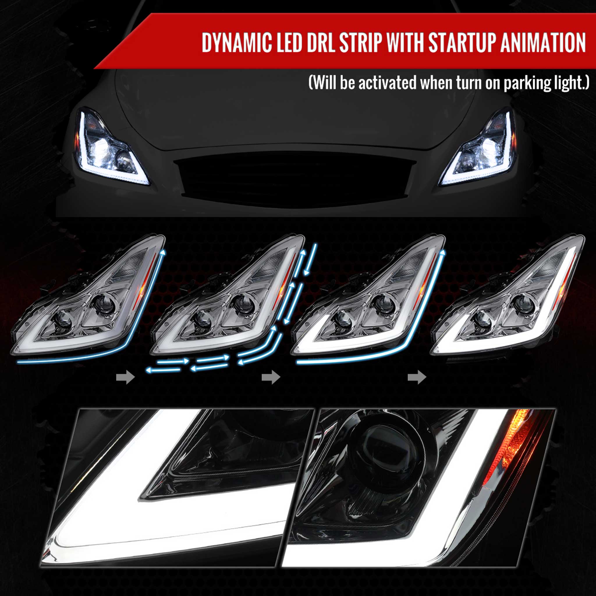For Infiniti G37 2008-13 / Q60 Coupe 2014-15 LED Projector Headlights Sequential Chrome Housing Clear Lens Switchback