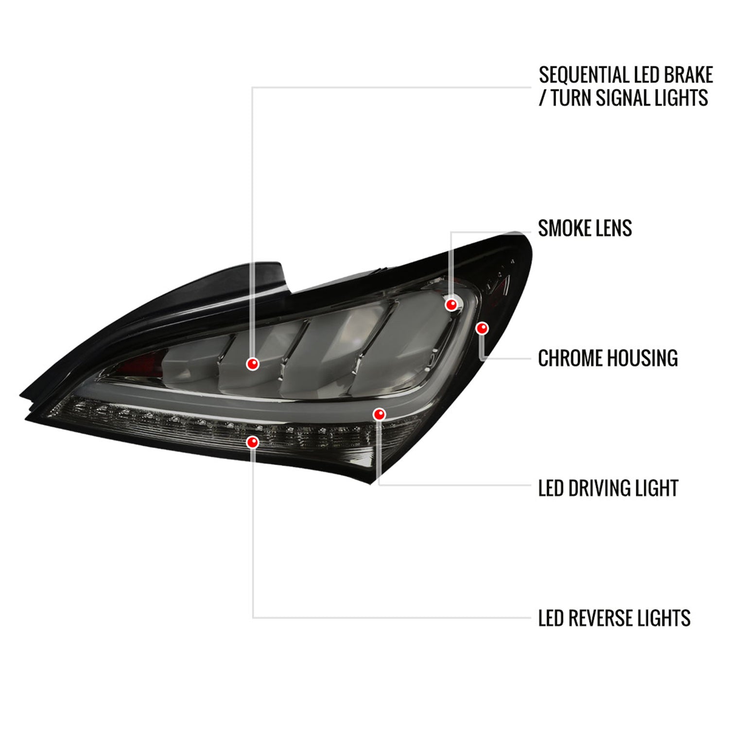 2010-2016 Hyundai Genesis Coupe White Bar LED Tail Lights Chrome/Smoke