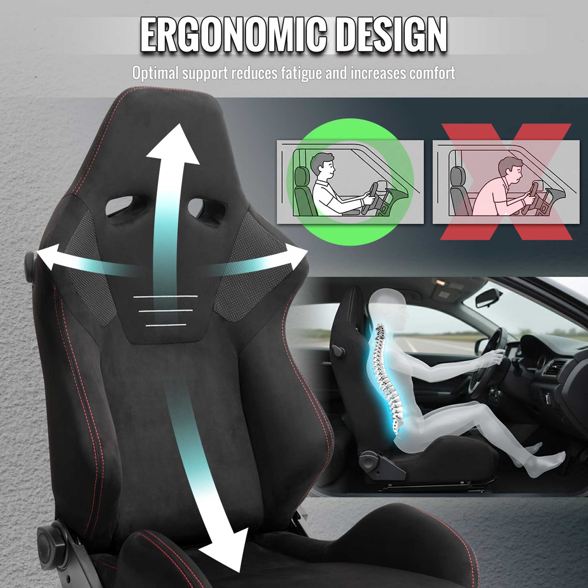 Universal Racing Seat Black Suede With Double Red Stitch