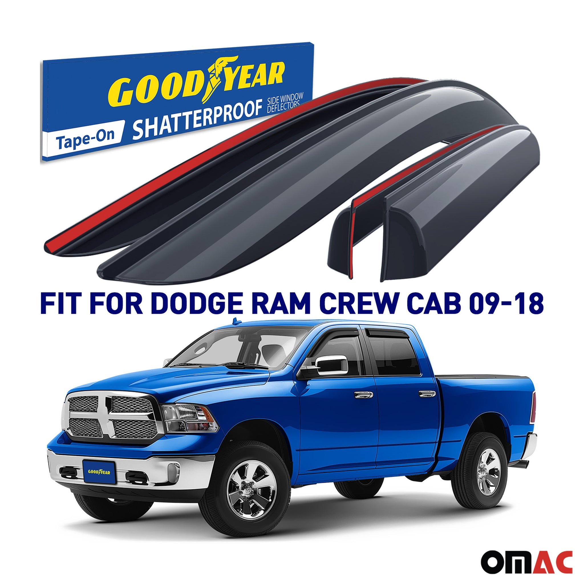 Goodyear Wind Deflectors for Dodge RAM 1500 2009-2018 Crew Cab Tape-On Smoke 4x
