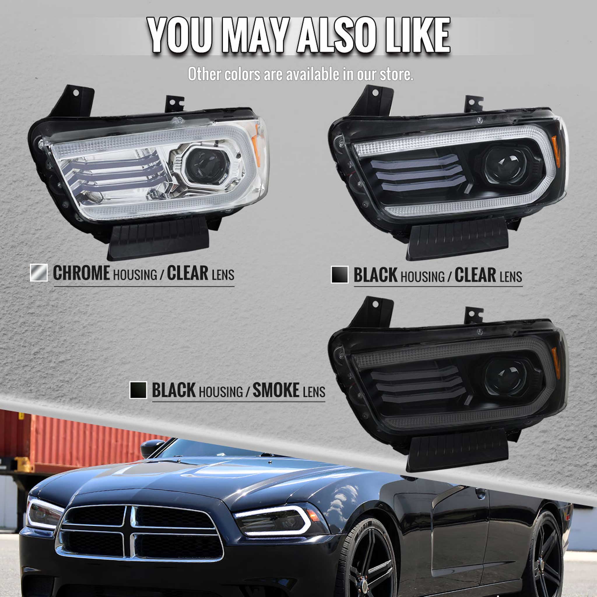 For Dodge Charger 2011-2014 Headlights LED DRL Light Strip Turn Signal Side Marker Black Housing Clear Lens