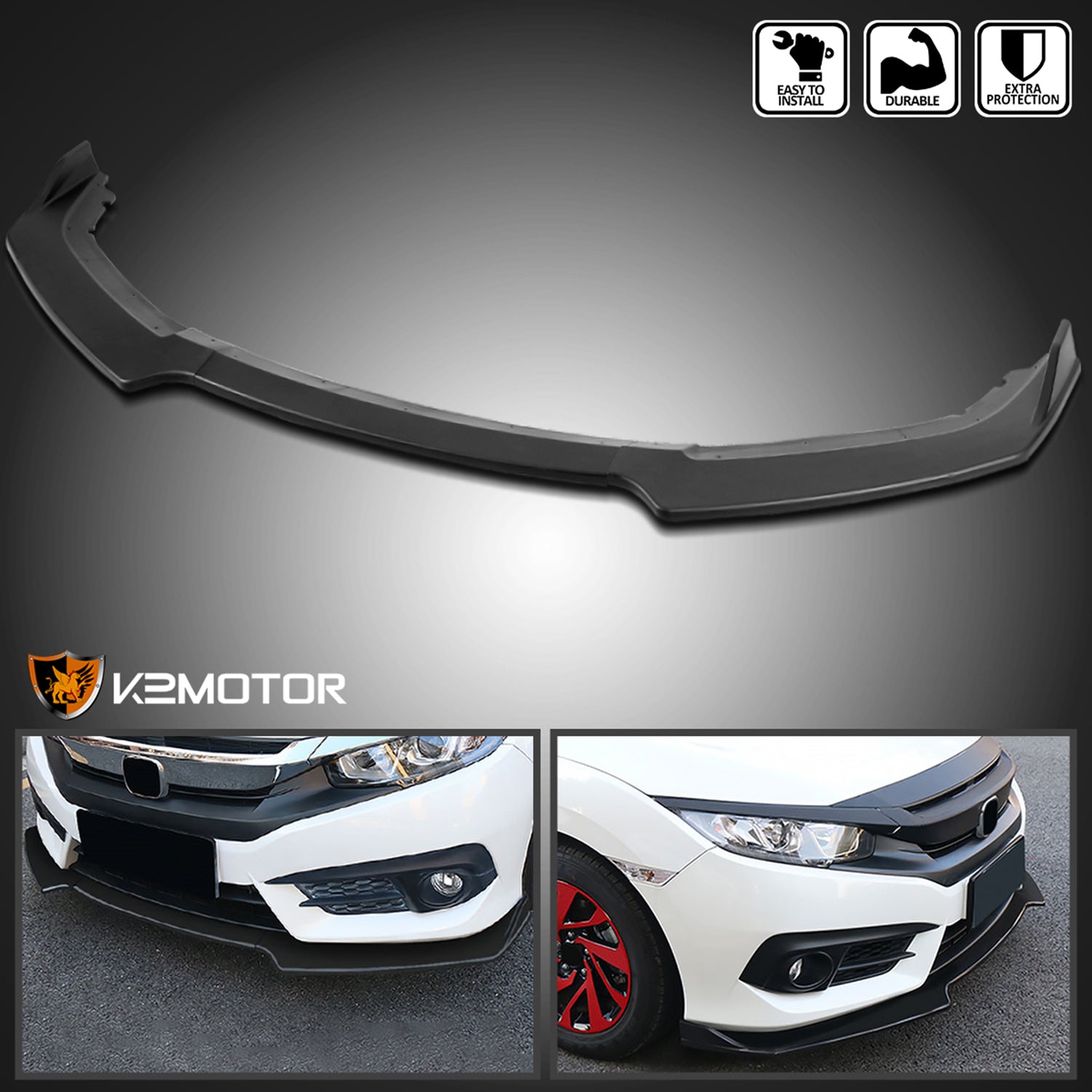 2016-2018 Honda Civic Sedan Matte Black Polypropylene 3Pcs Bumper Lip