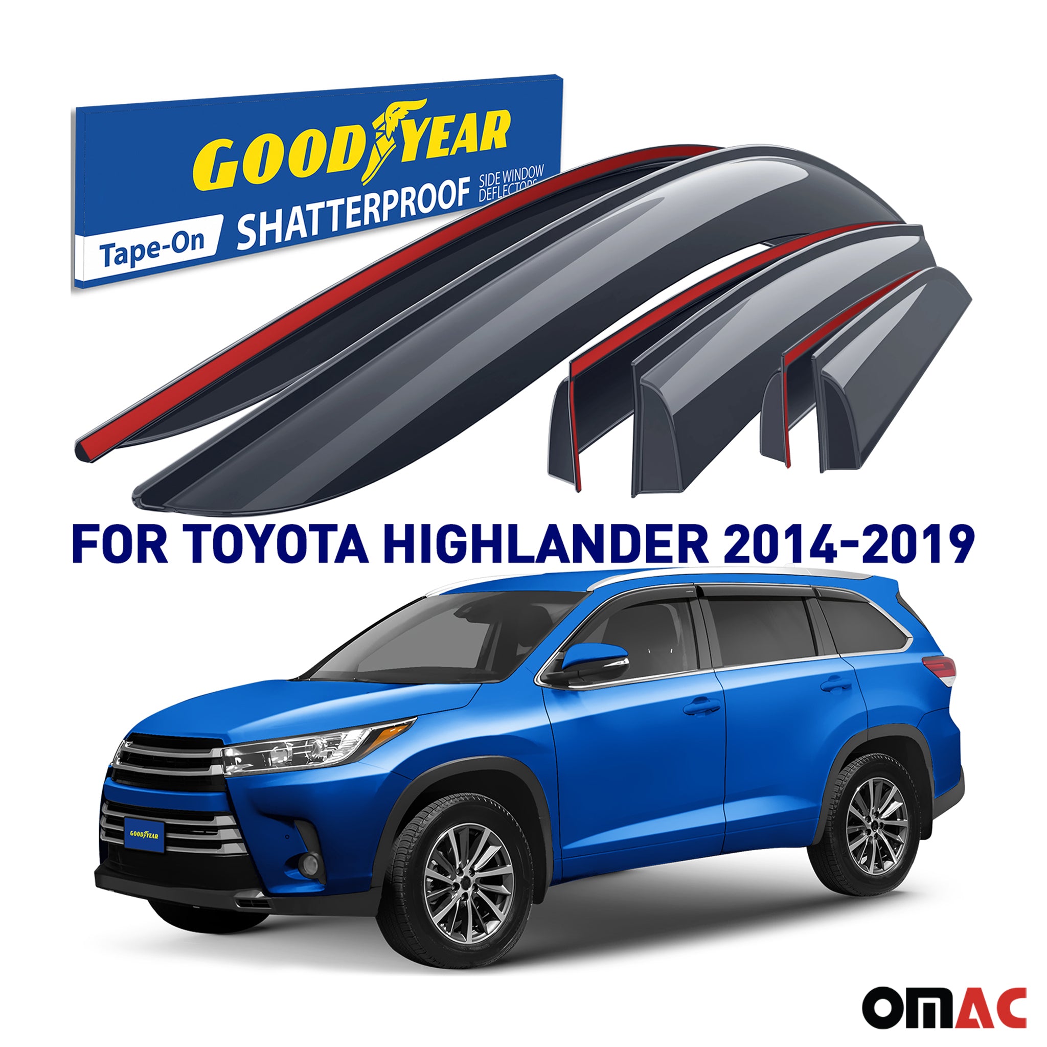 Goodyear Wind Deflectors for Toyota Highlander 2014-2019 Shatterproof Smoke 6x