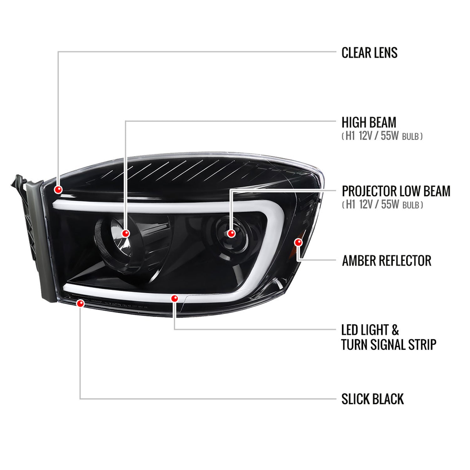 2006-2008 Dodge RAM 1500/ 06-2009 2500 3500 LED Projector Headlights Jet Black