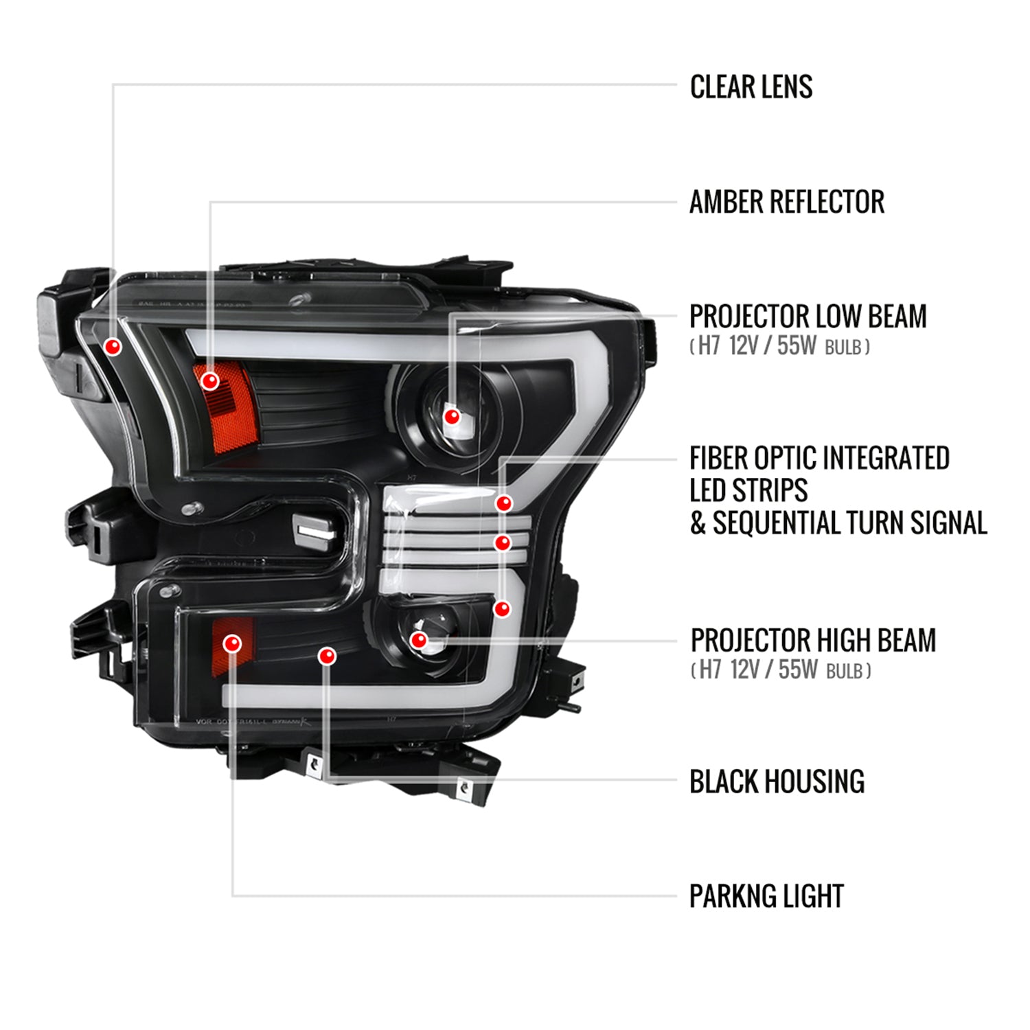 2015-2017 Ford F-150 LED Bar Projector Headlights Turn Signals Black / Clear