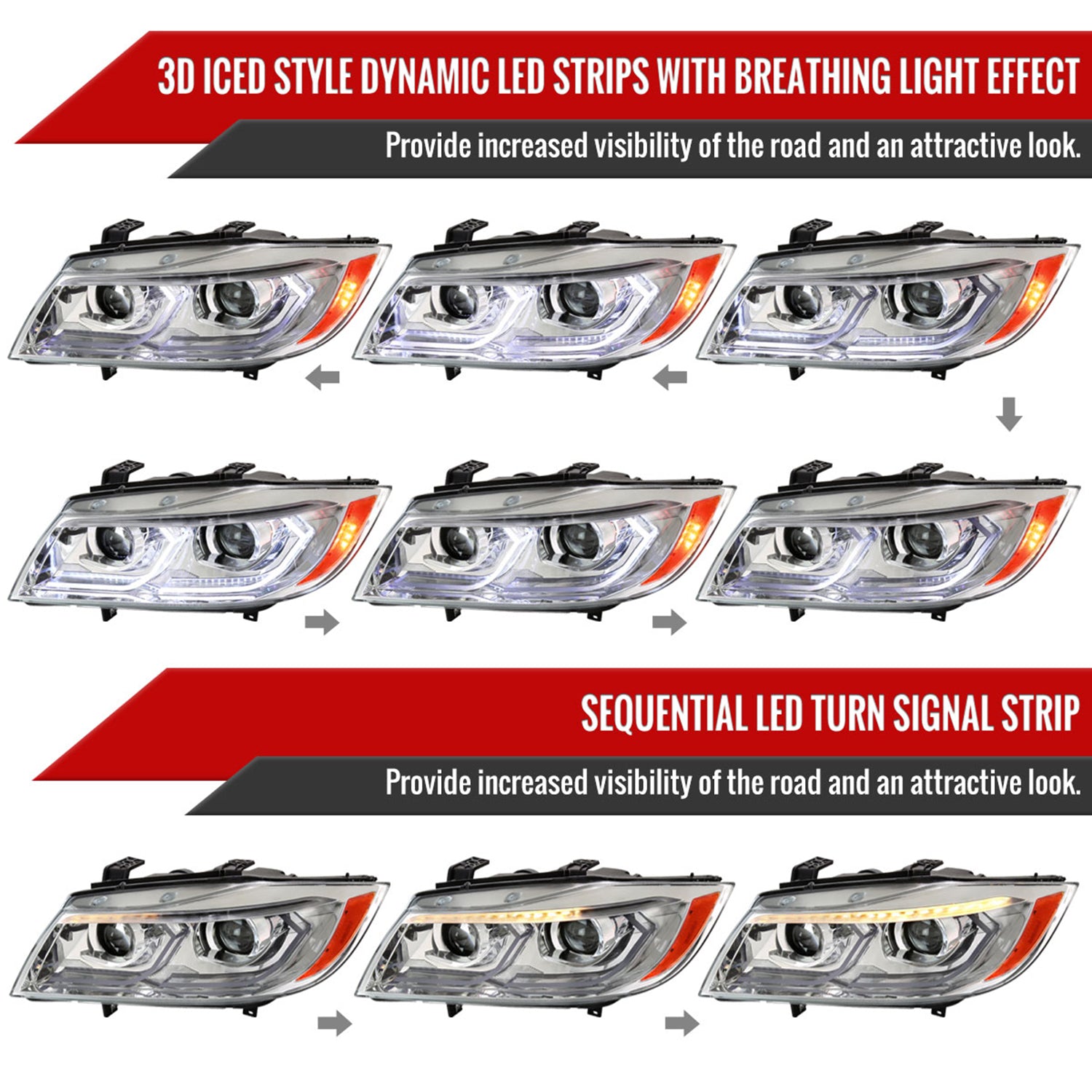 2006-2011 BMW E90 3 Series Sedan 3D Iced LED Dual Projector Headlights Chrome