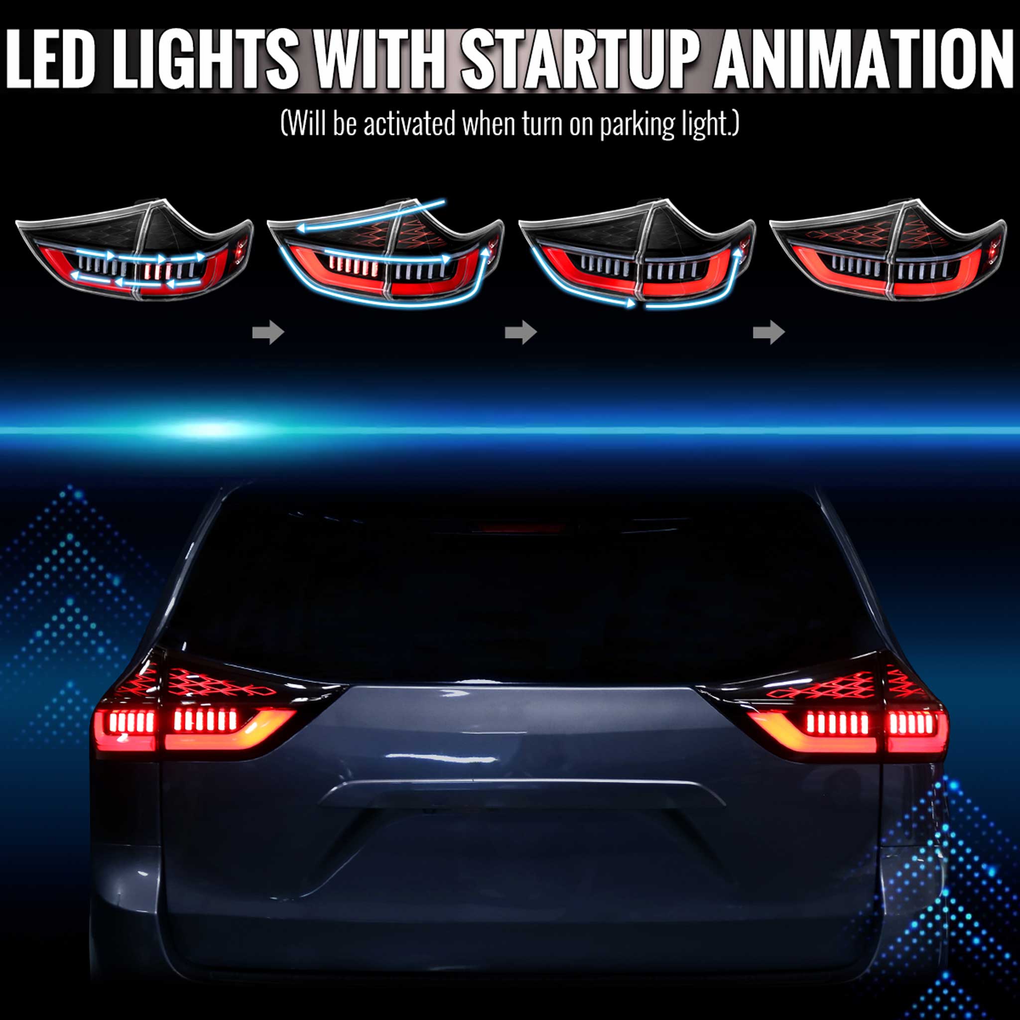 For Toyota Sienna 2011-2014 Full LED Tail Lights Sequential Red Fiber Black Clear Lens Jet Housing