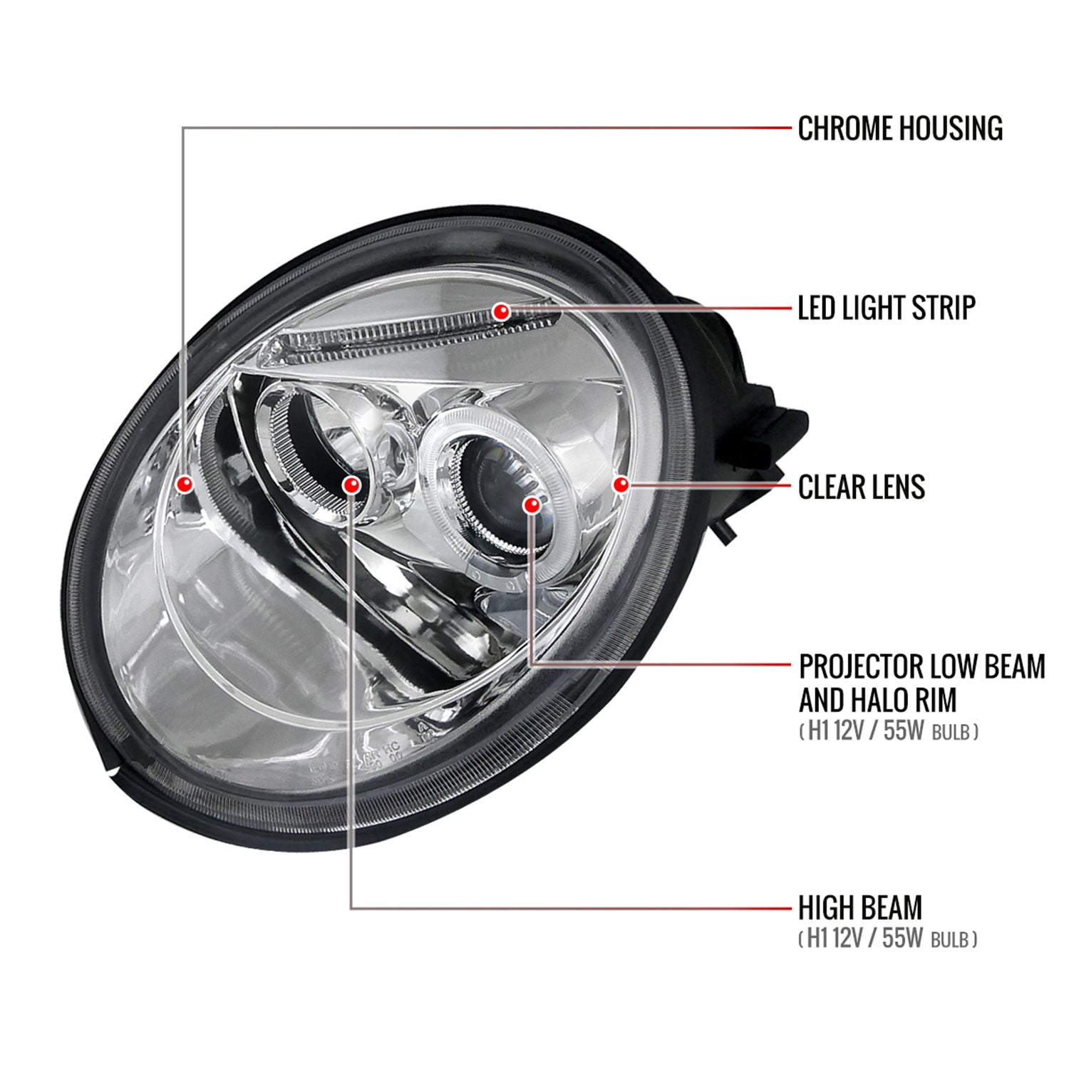1998-2005 VW Beetle Halo Projector Headlights Chrome/Clear Lens